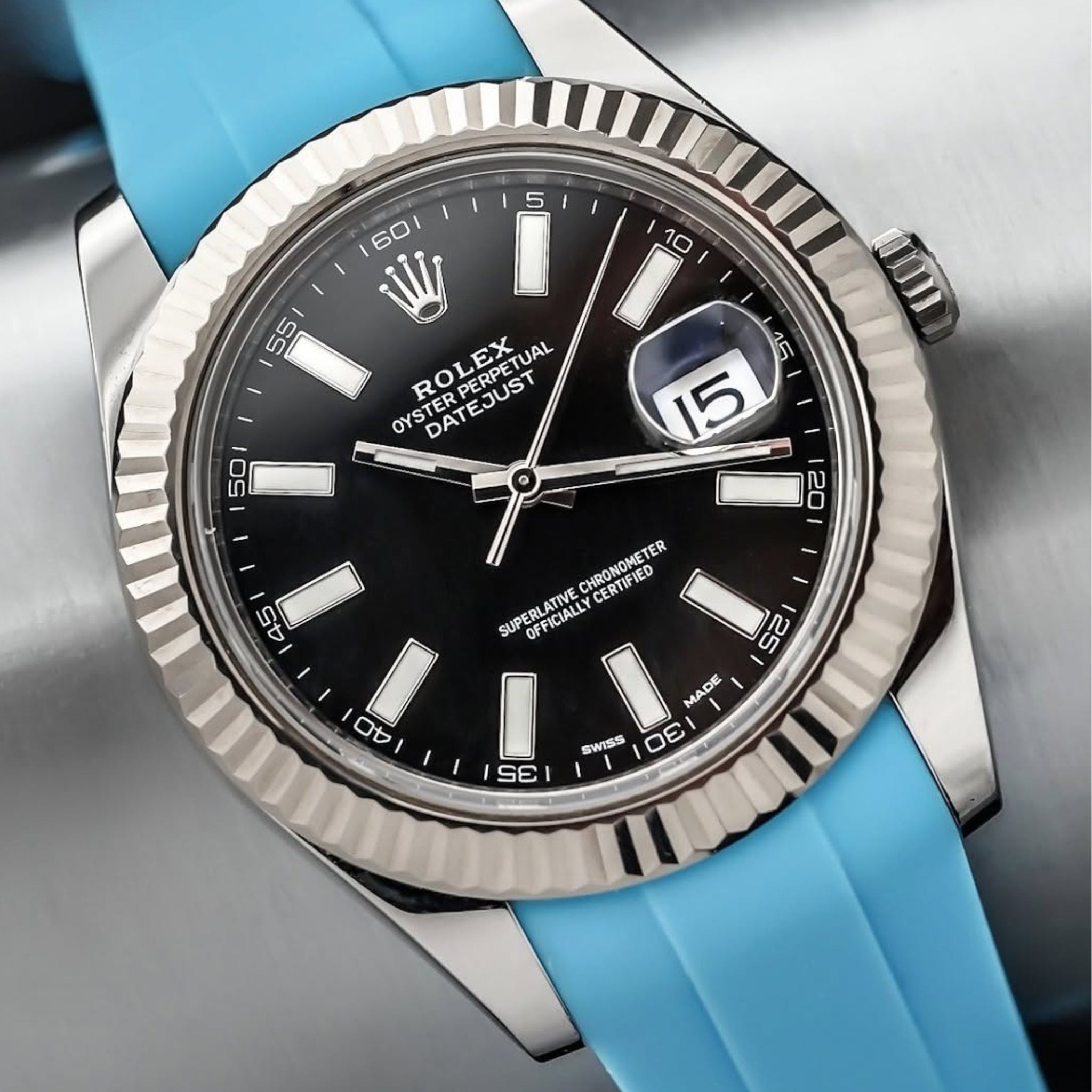 Faltschließe Kautschukarmband für Rolex Datejust 41mm – Hell Blau - Helvetus DE