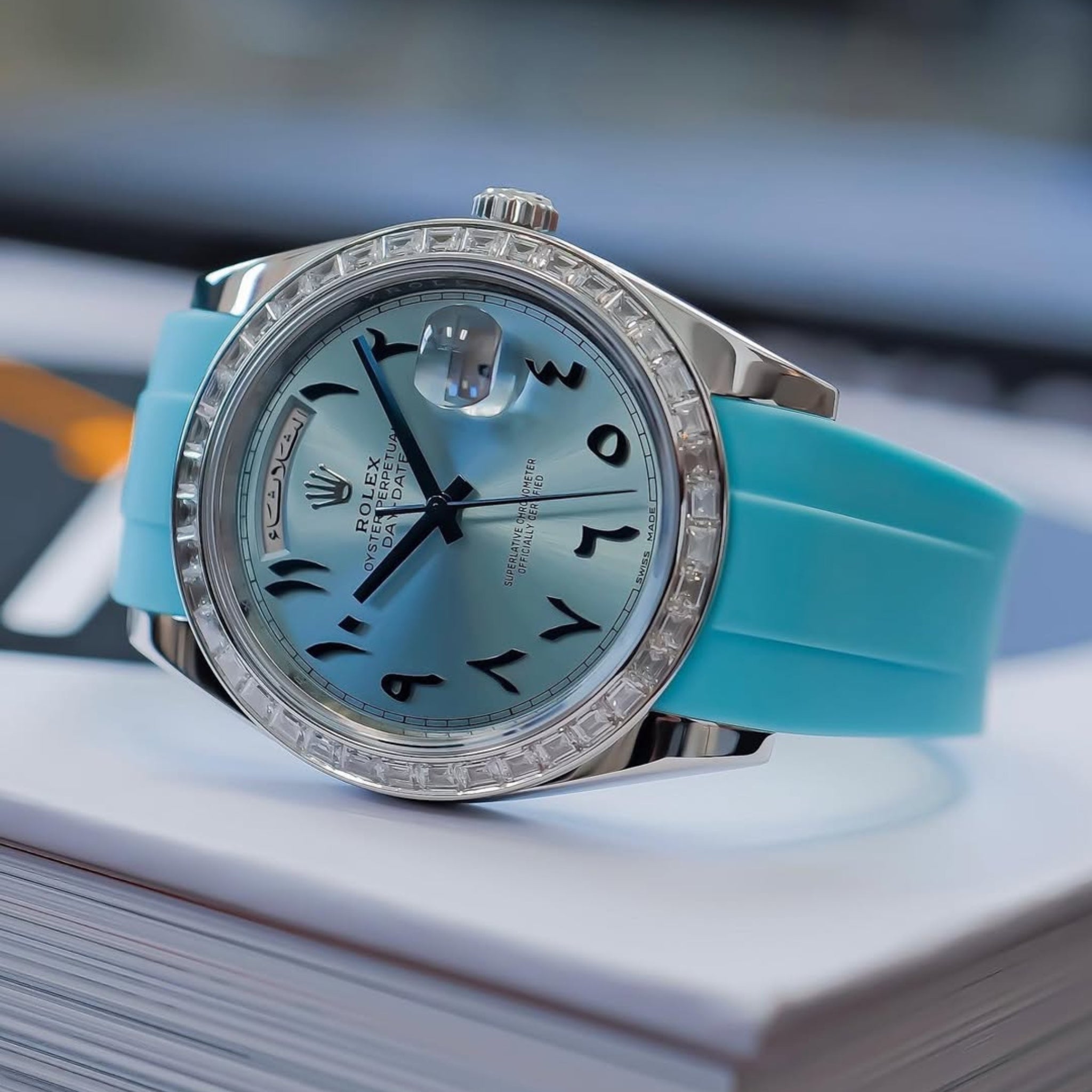 Faltschliesse Kautschukarmband für Rolex Day - Date 40mm – Hell Blau - Helvetus DE