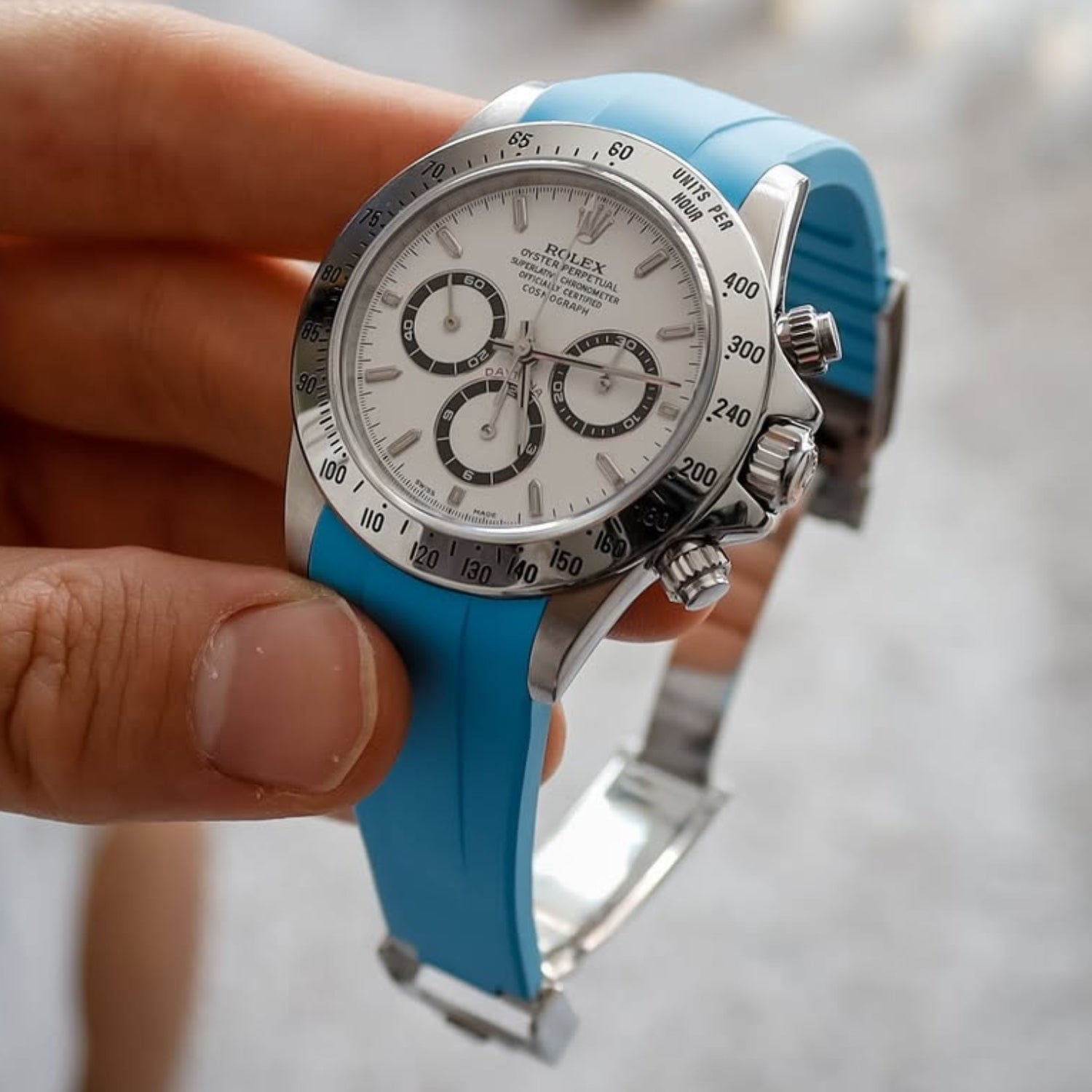 Faltschliesse Kautschukarmband für Rolex Daytona – Hell Blau - Helvetus DE
