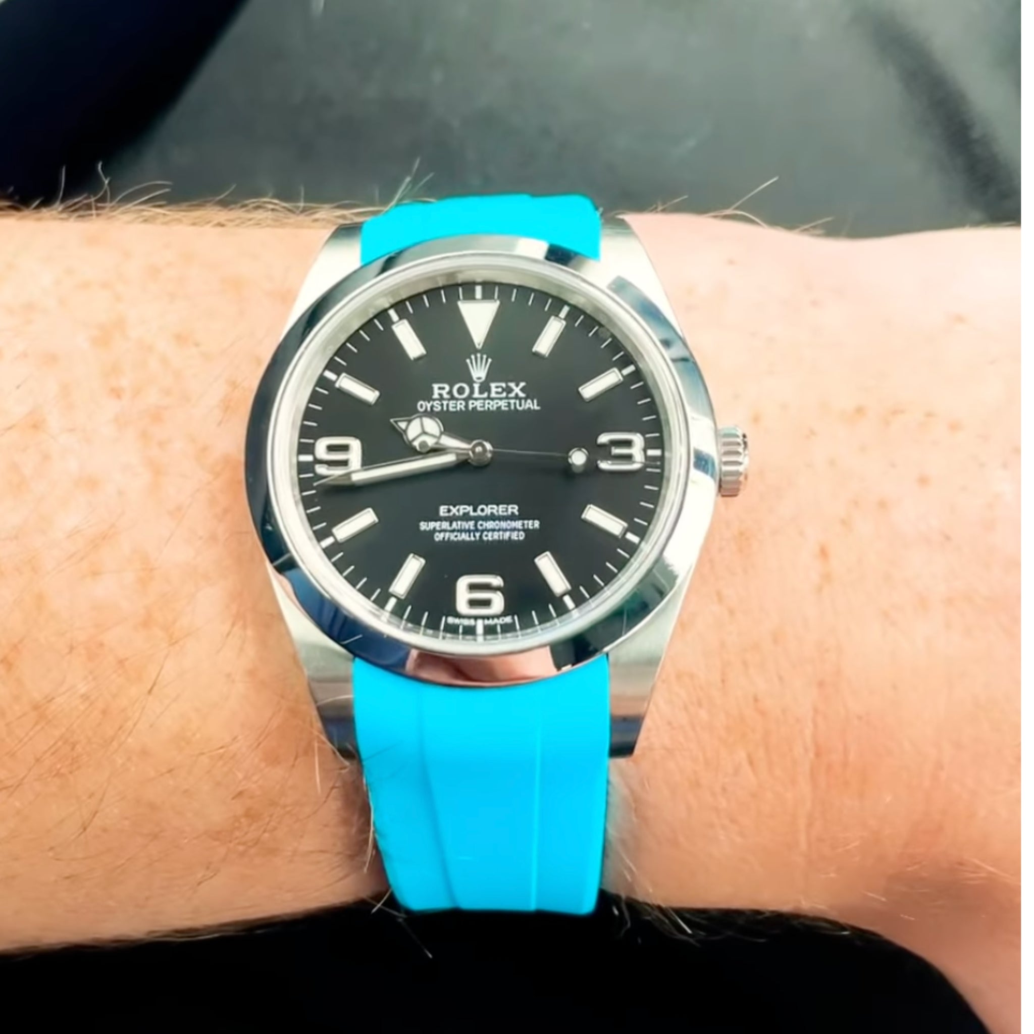 Faltschließe Kautschukarmband für Rolex Explorer I – Hell Blau - Helvetus DE