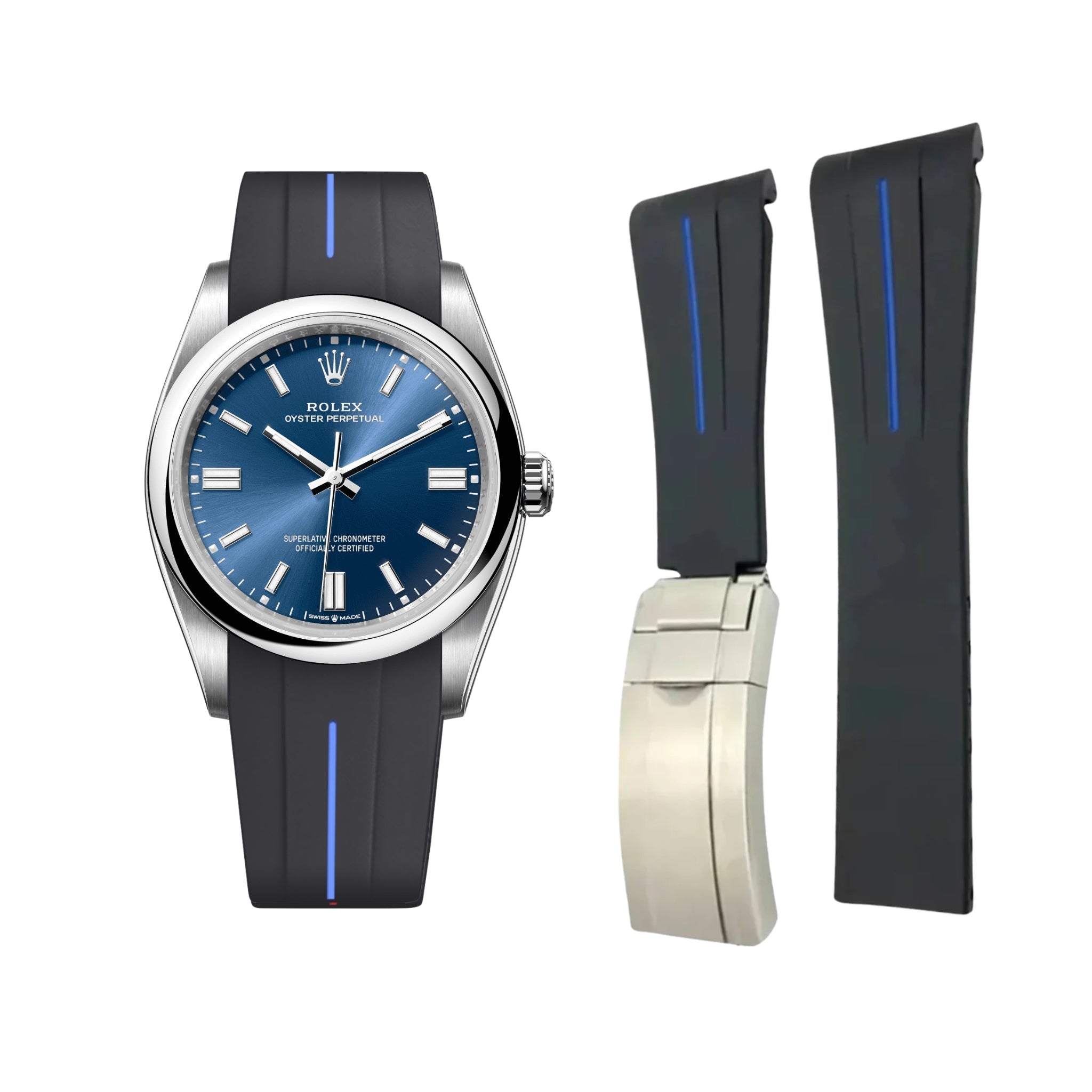 Faltschliesse Kautschukarmband für Rolex Oyster Perpetual 36mm – LuxLine® - Schwarz/Blau - Helvetus DE