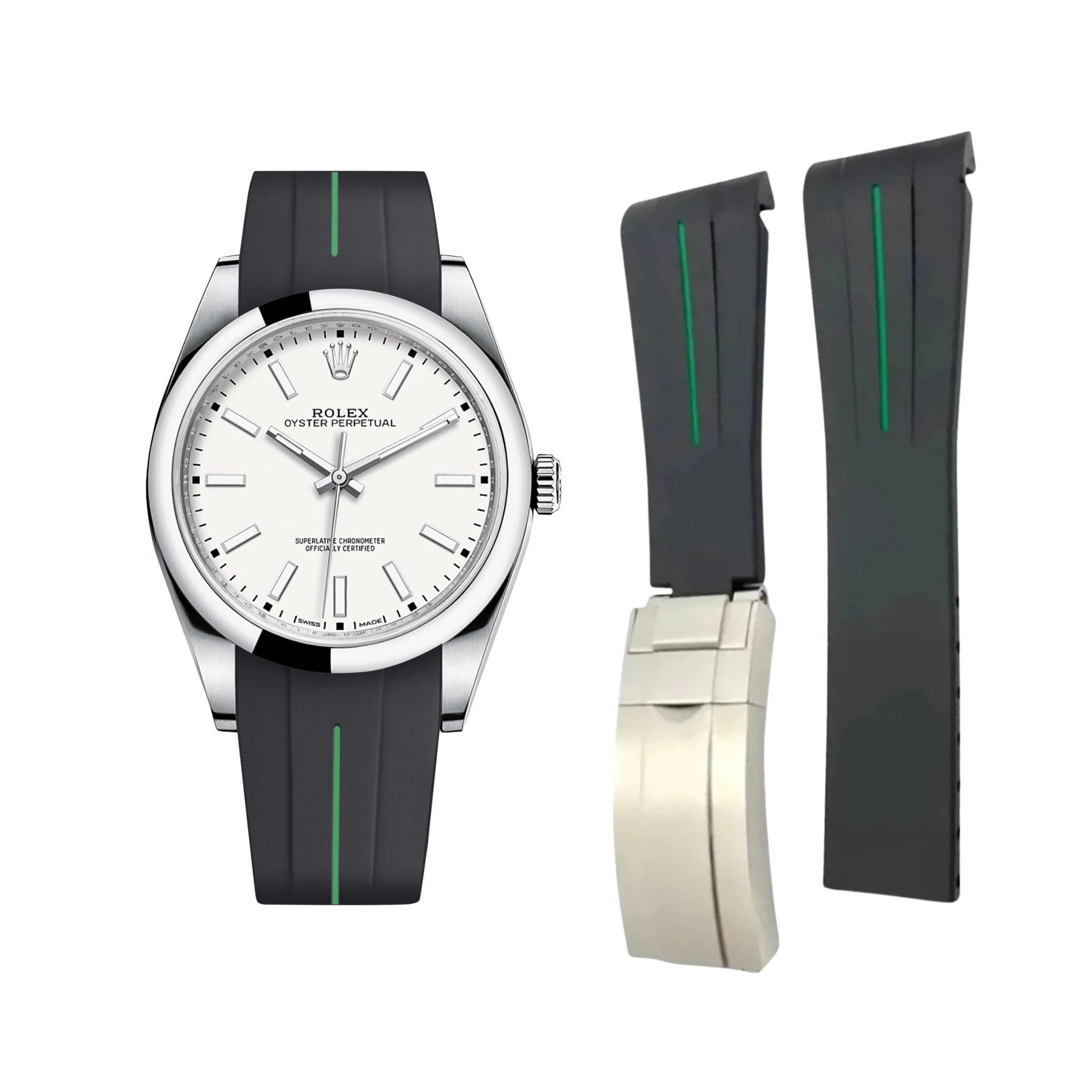 Faltschliesse Kautschukarmband für Rolex Oyster Perpetual 39mm – LuxLine® - Schwarz/Grün - Helvetus DE