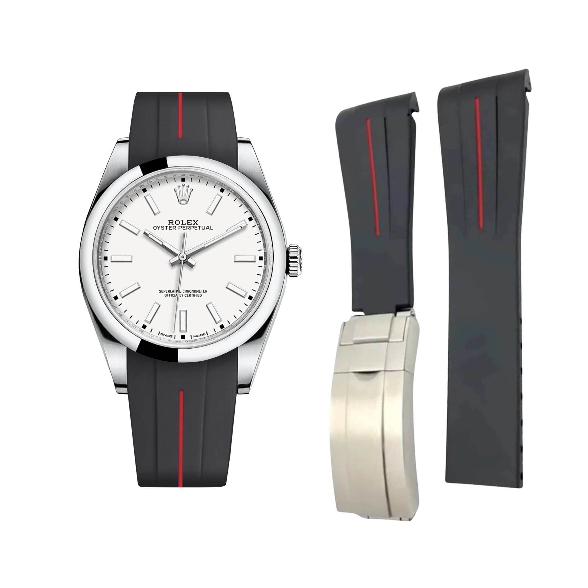 Faltschliesse Kautschukarmband für Rolex Oyster Perpetual 39mm – LuxLine® - Schwarz/Rot - Helvetus DE