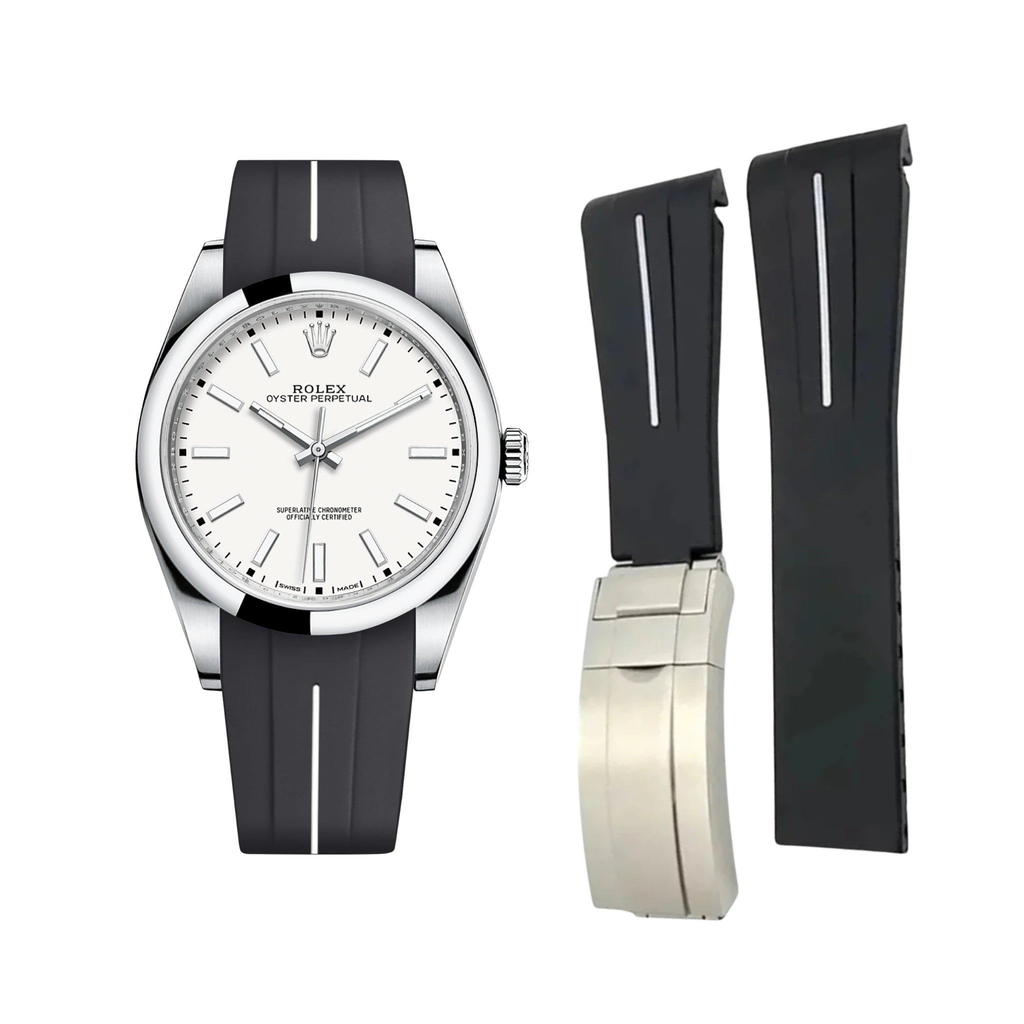 Faltschliesse Kautschukarmband für Rolex Oyster Perpetual 39mm – LuxLine® - Schwarz/Weiss - Helvetus DE