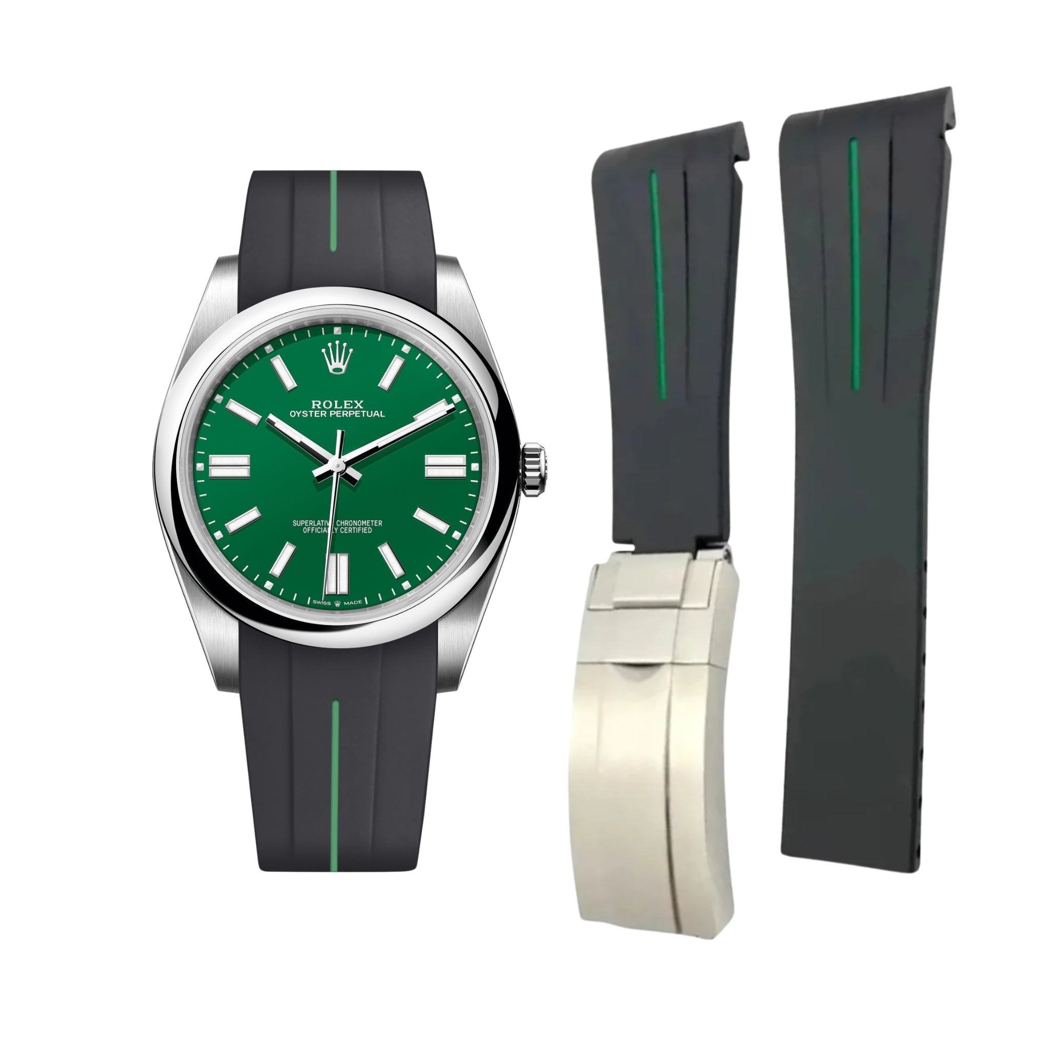 Faltschliesse Kautschukarmband für Rolex Oyster Perpetual 41 – LuxLine® - Schwarz/Grün - Helvetus DE