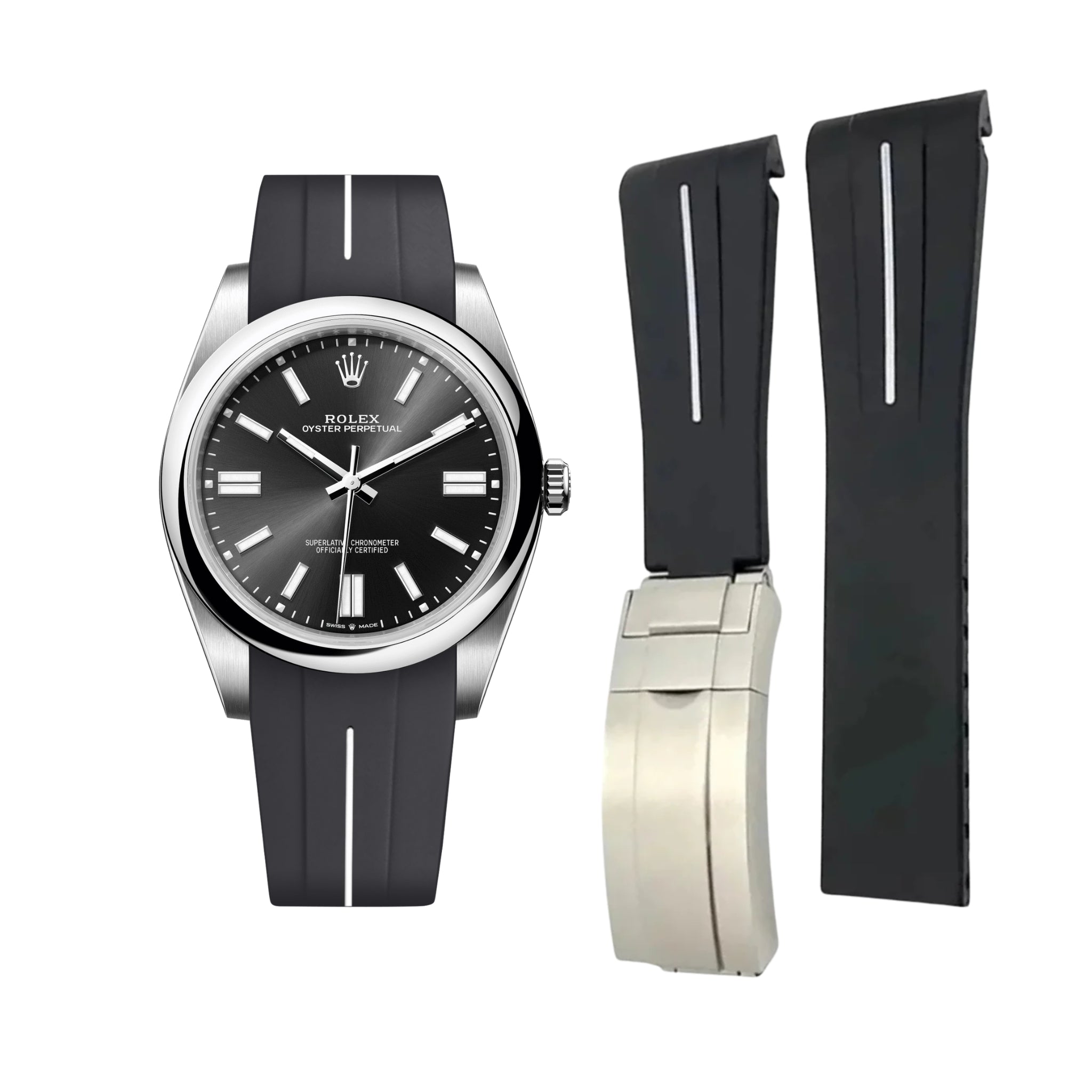 Faltschliesse Kautschukarmband für Rolex Oyster Perpetual 41 – LuxLine® - Schwarz/White - Helvetus DE