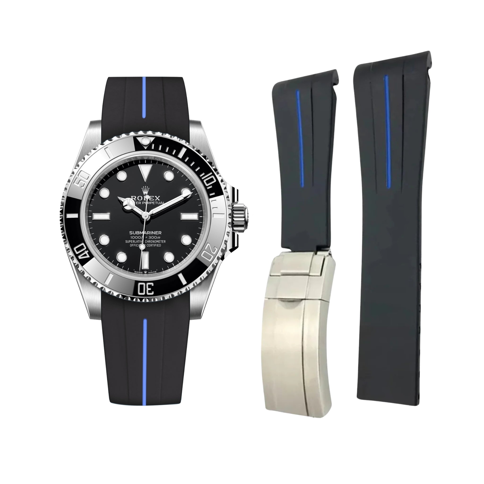 Faltschliesse Kautschukarmband für Rolex Submariner – Luxline® - Schwarz/Blau - Helvetus DE