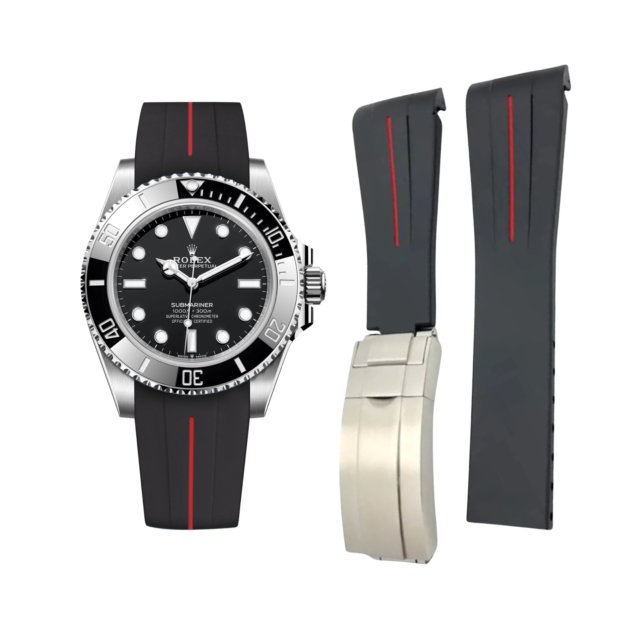 Faltschliesse Kautschukarmband für Rolex Submariner – Luxline® - Schwarz/Rot - Helvetus DE