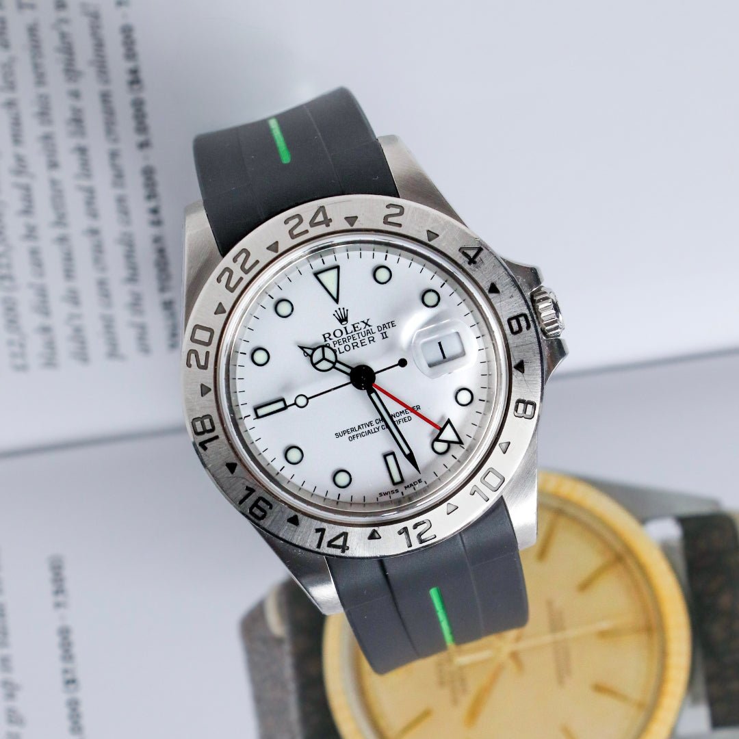 Faltschliessen Kautschukarmband für Rolex Explorer II – Schwarz/Grün Linie | LuxLine® - Helvetus DE