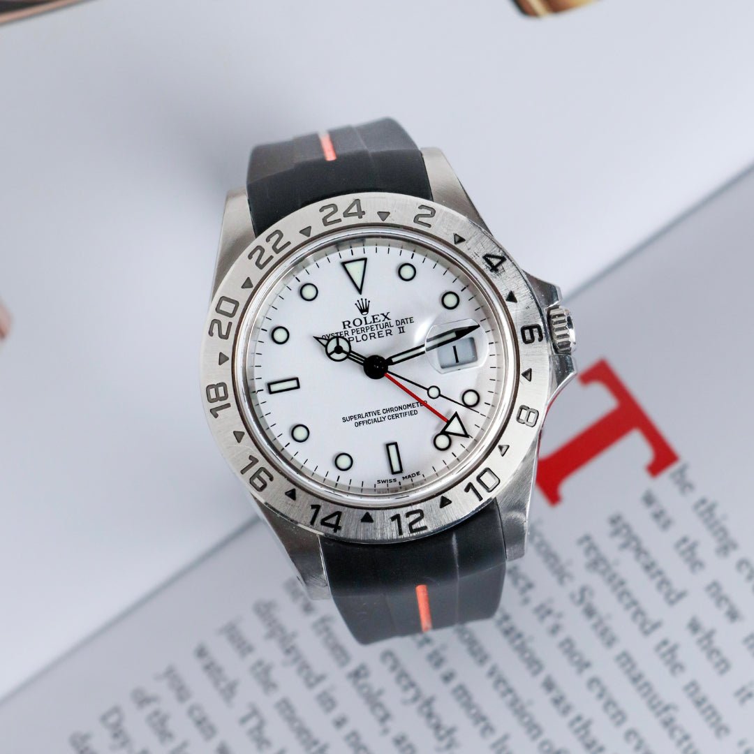 Faltschliessen Kautschukarmband für Rolex Explorer II – Schwarz/Orange Linie | LuxLine® - Helvetus DE