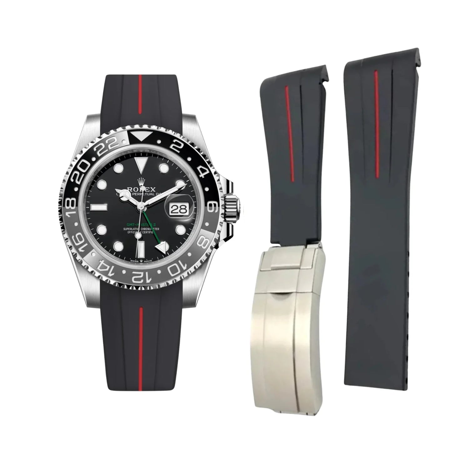 Faltschliessen Kautschukarmband für Rolex GMT - Master II in Schwarz mit Roter Linie | LuxLine® - Helvetus DE