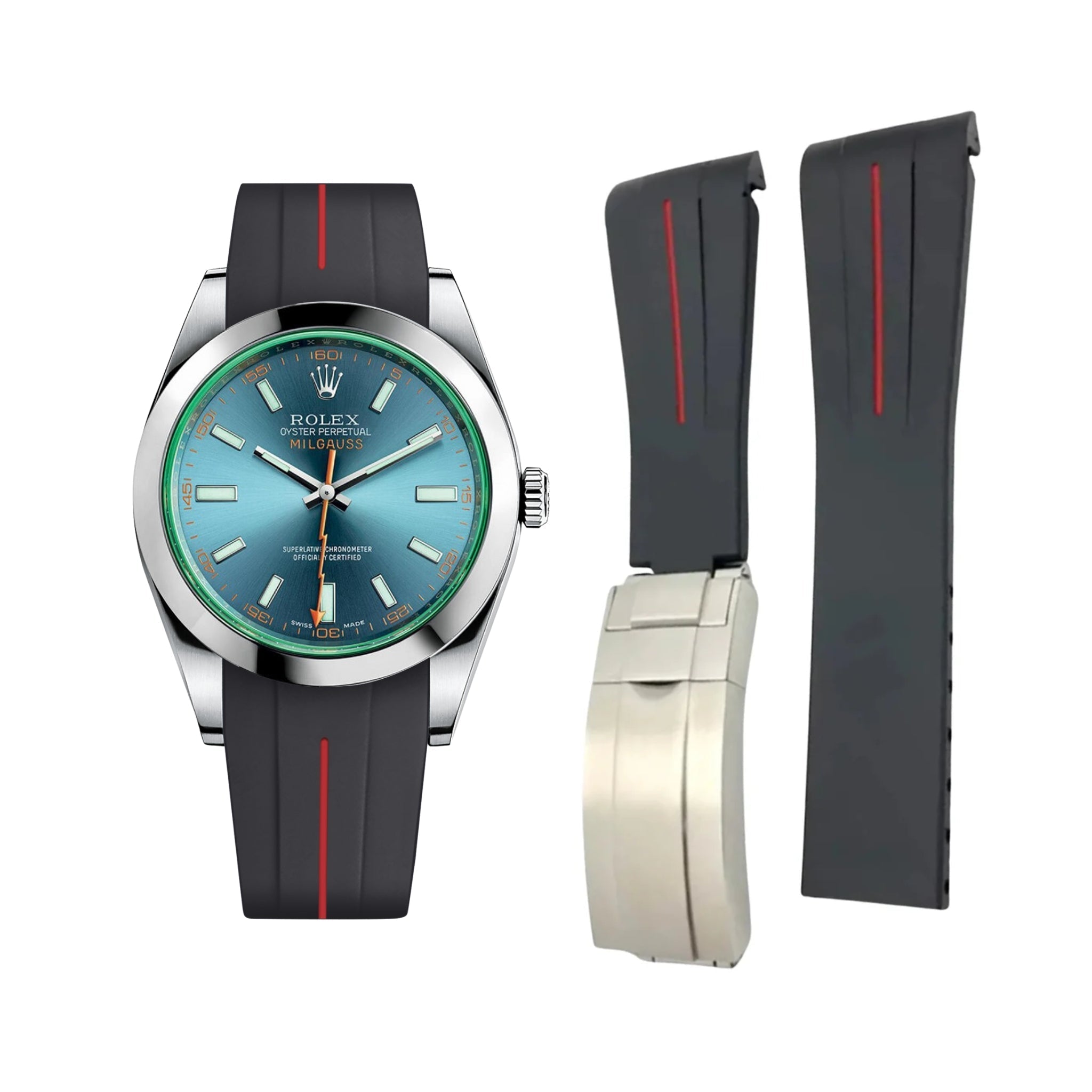 Faltschliessen Kautschukarmband für Rolex Milgauss – LuxLine® - Schwarz/Rot - Helvetus DE