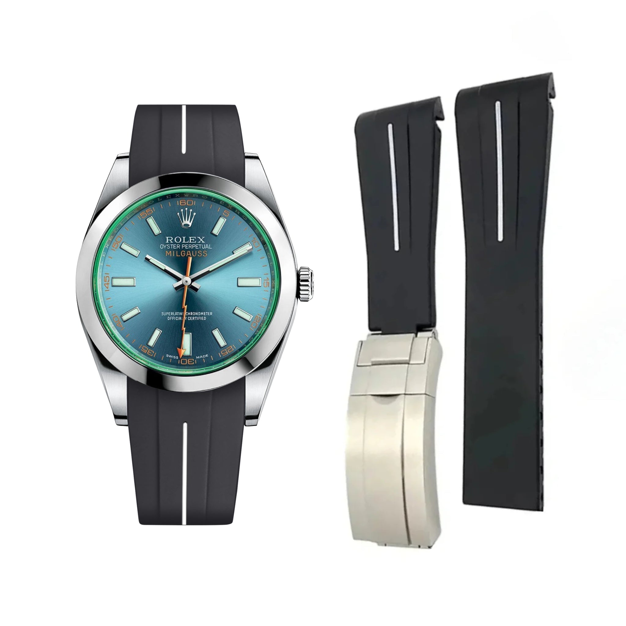 Faltschliessen Kautschukarmband für Rolex Milgauss – LuxLine® - Schwarz/Weiss - Helvetus DE