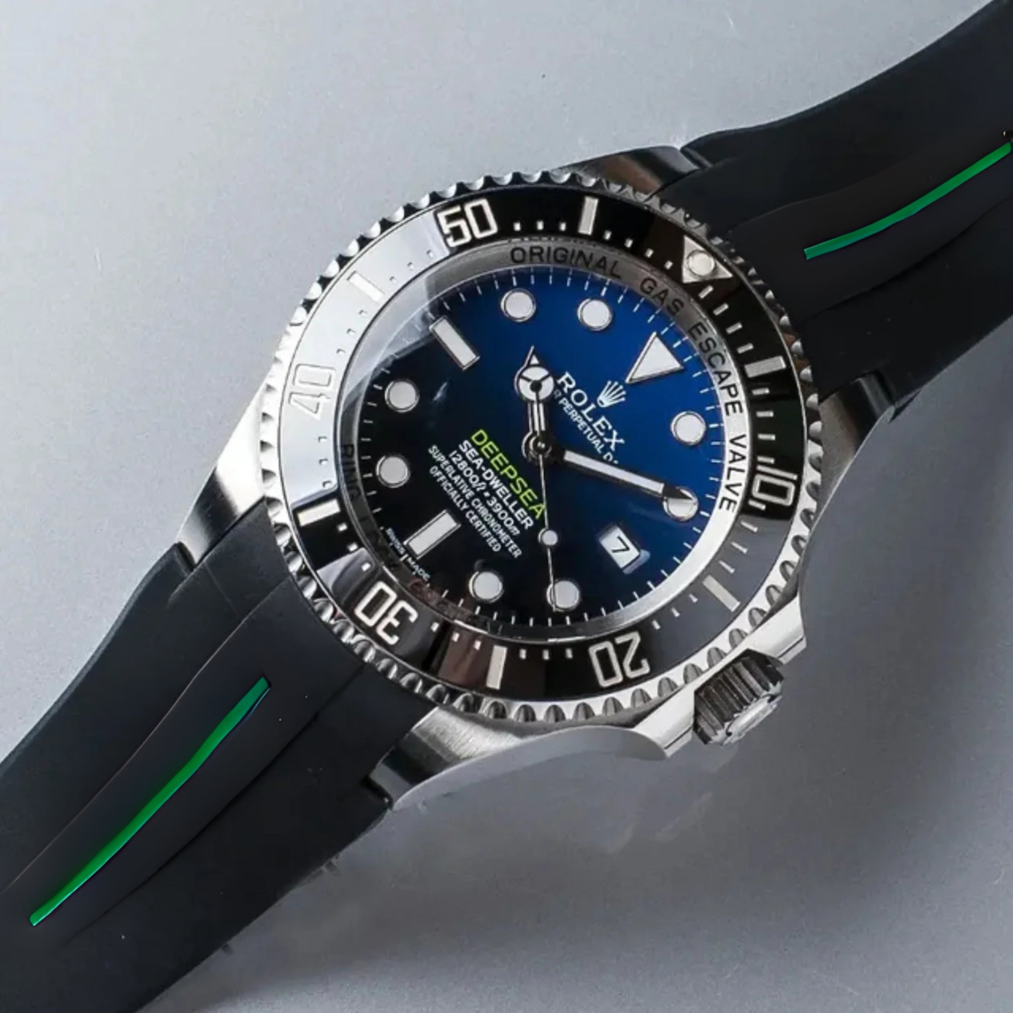 Faltschliessen Kautschukarmband für Rolex Sea - Dweller Deepsea – Schwarz/Grün Linie | LuxLine® - Helvetus DE