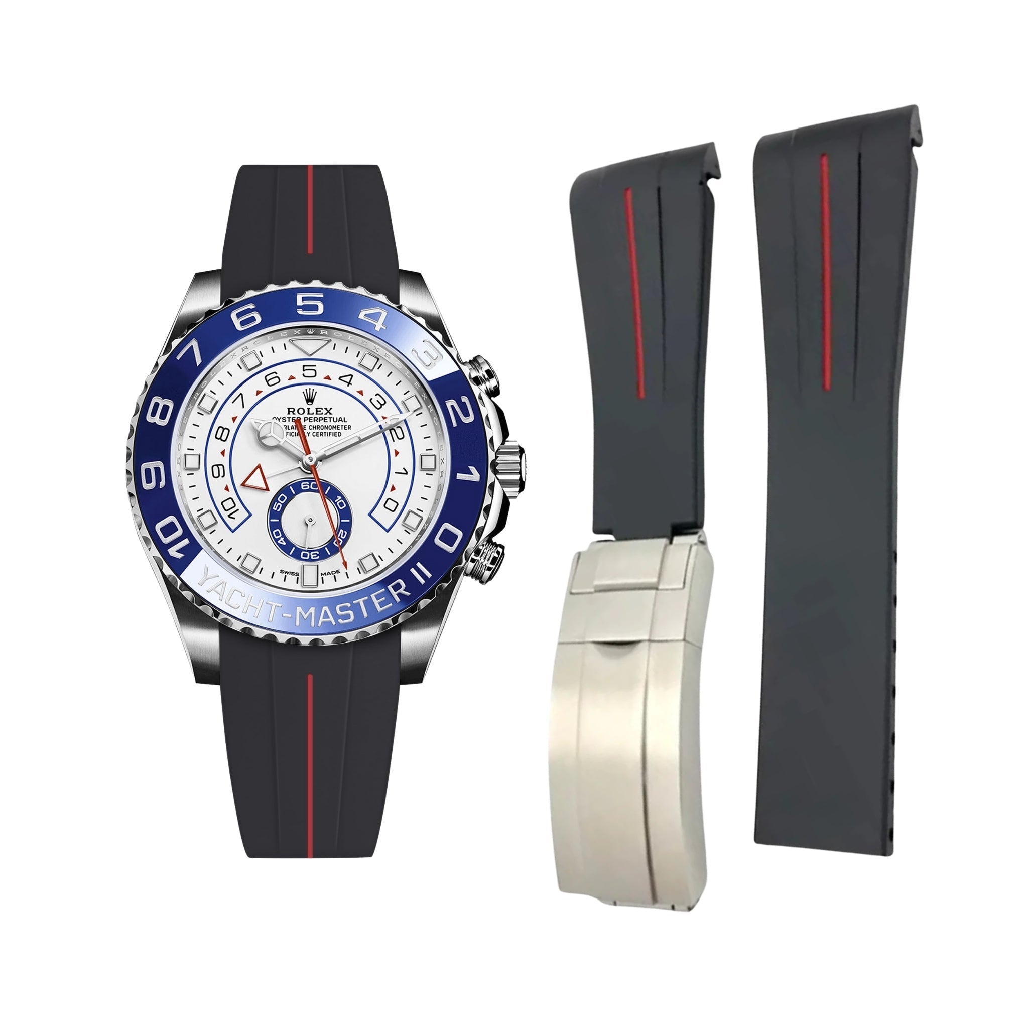 Faltschliessen Kautschukarmband für Rolex Yacht - Master II 44mm - Schwarz/Rot Linie | LuxLine® - Helvetus DE