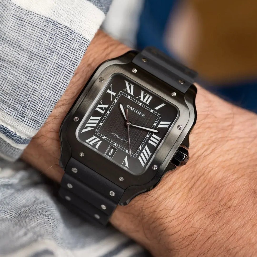 Kautschuk Armband für Cartier Santos Medium/Large – Schwarz mit Schrauben – Quick Switch/Release - Helvetus DE