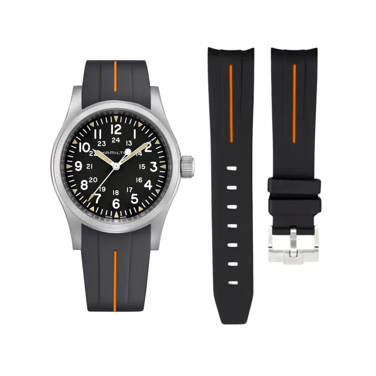 Kautschukarmband für Hamilton Khaki Field - Schwarz/Orange LuxLine® - Helvetus DE