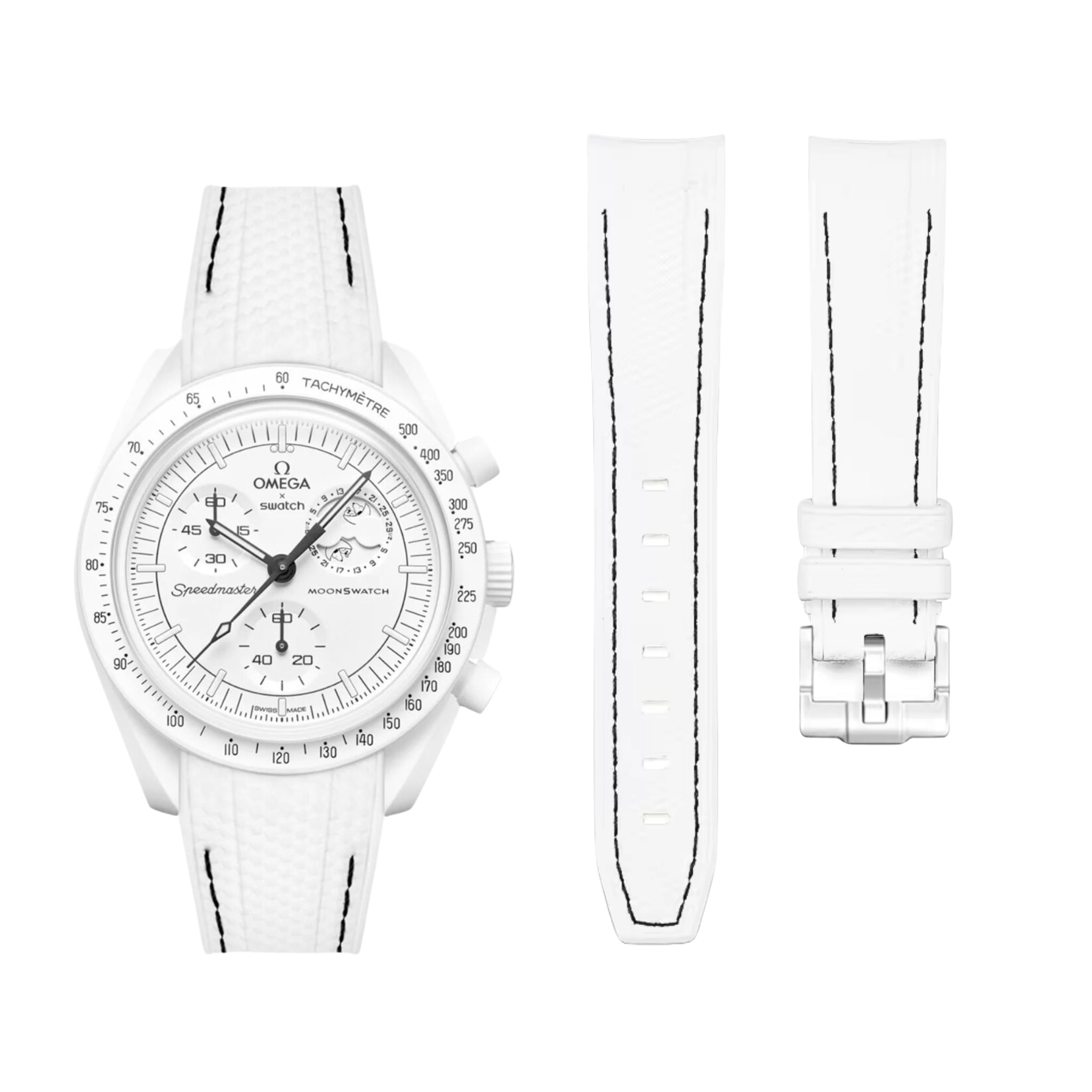 Kautschukarmband – Für Mission to the Moonphase – Snoopy | Omega X Swatch | MoonSwatch – Weiß mit Schwarz - Helvetus DE