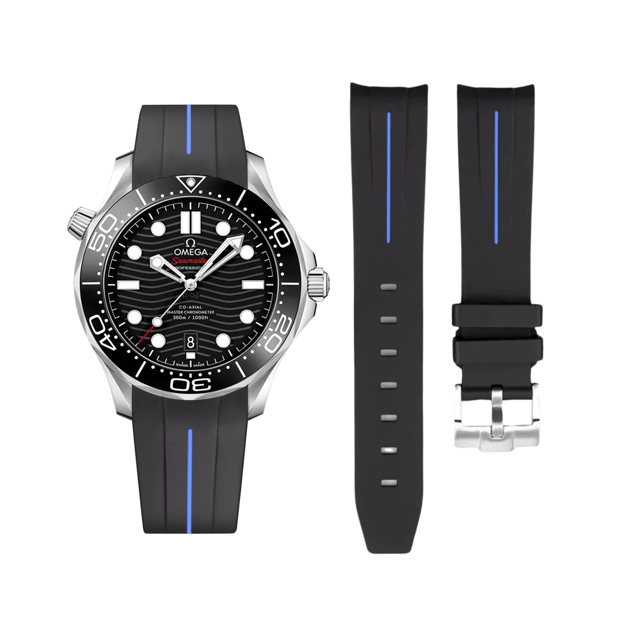 Kautschukarmband – Für Omega Seamaster 300 – LuxLine® - Schwarz/Blau - Helvetus DE