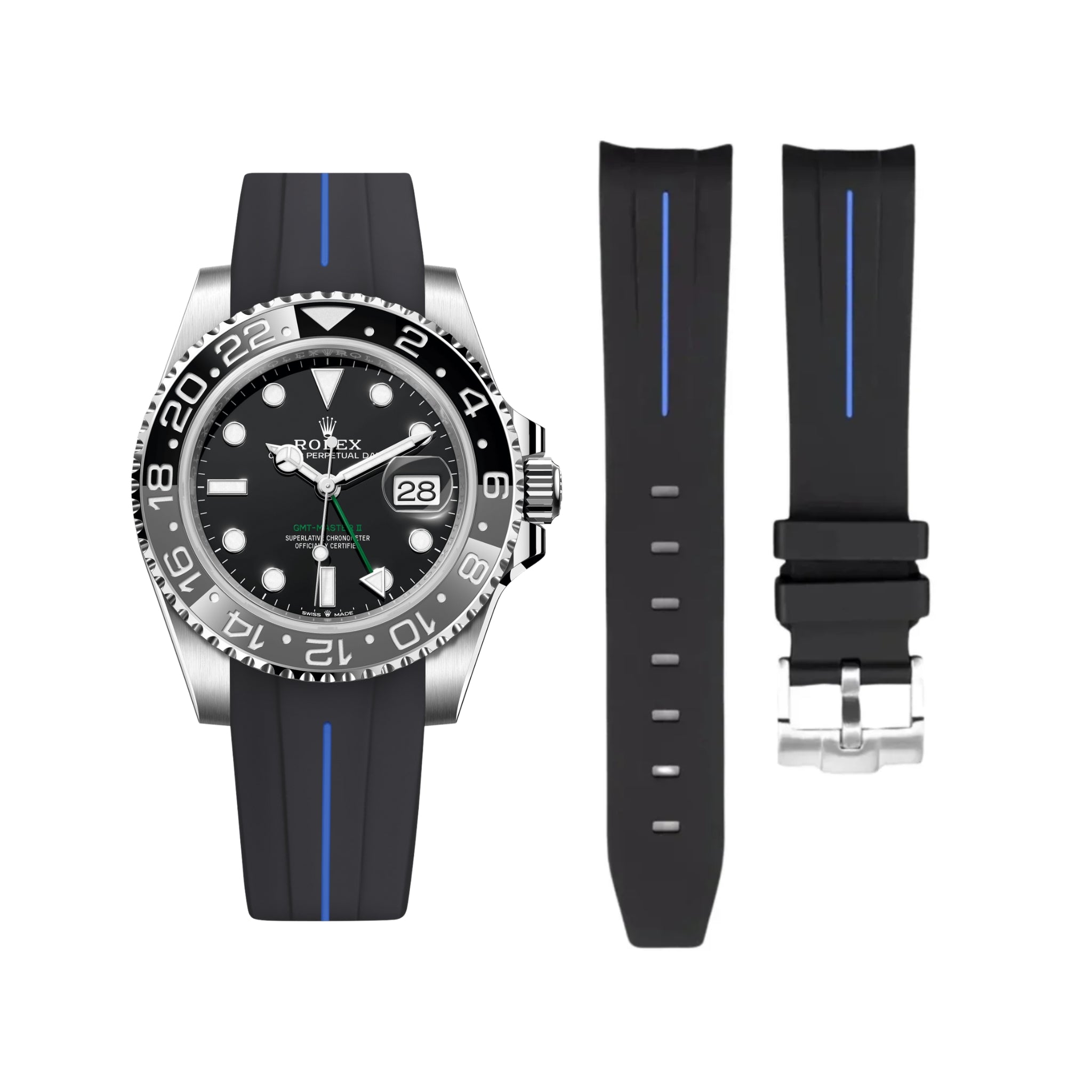 Kautschukarmband für Rolex GMT - Master II in Schwarz mit Blauer Linie | LuxLine® - Helvetus DE