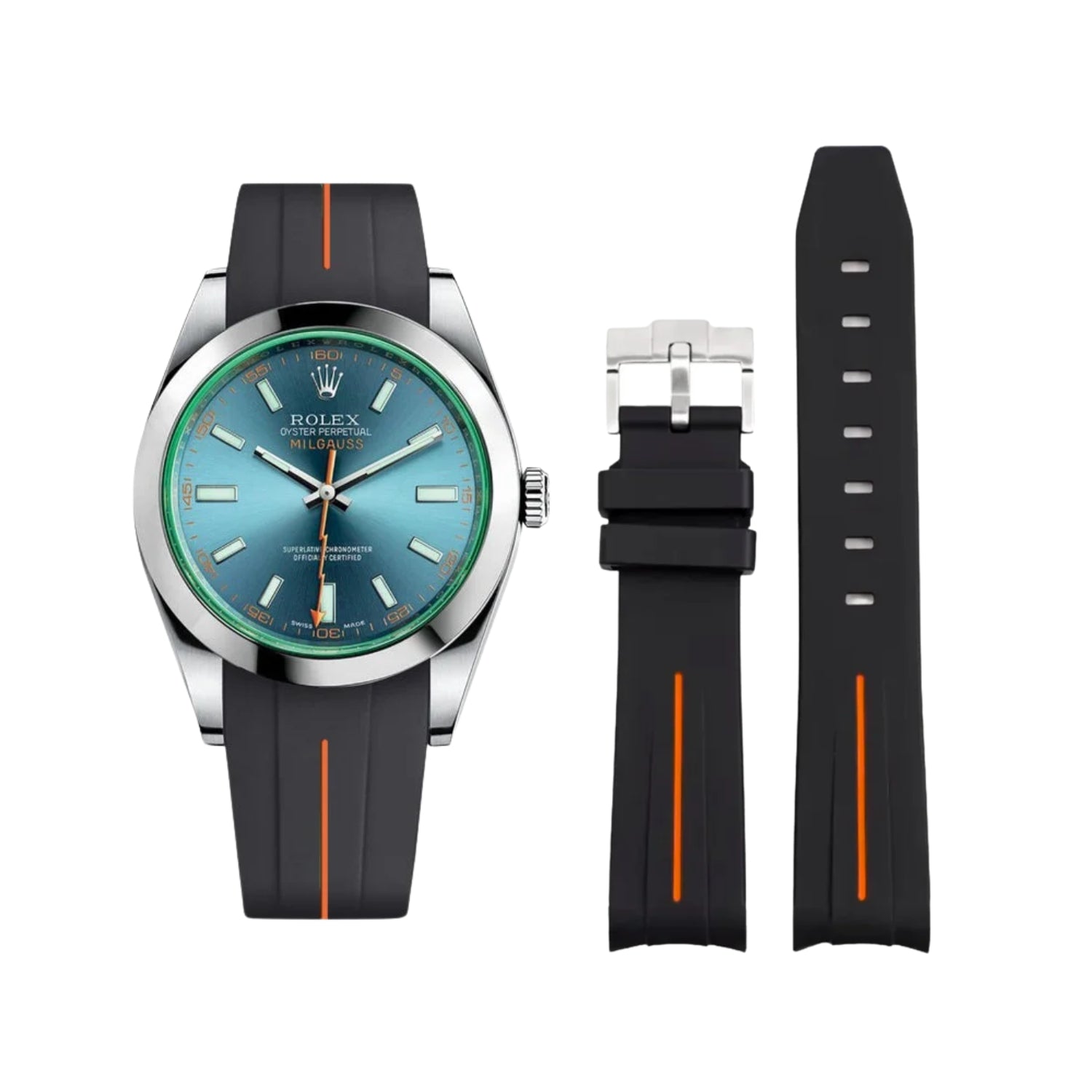 Kautschukarmband für Rolex Milgauss – LuxLine® - Schwarz/Orange - Helvetus DE