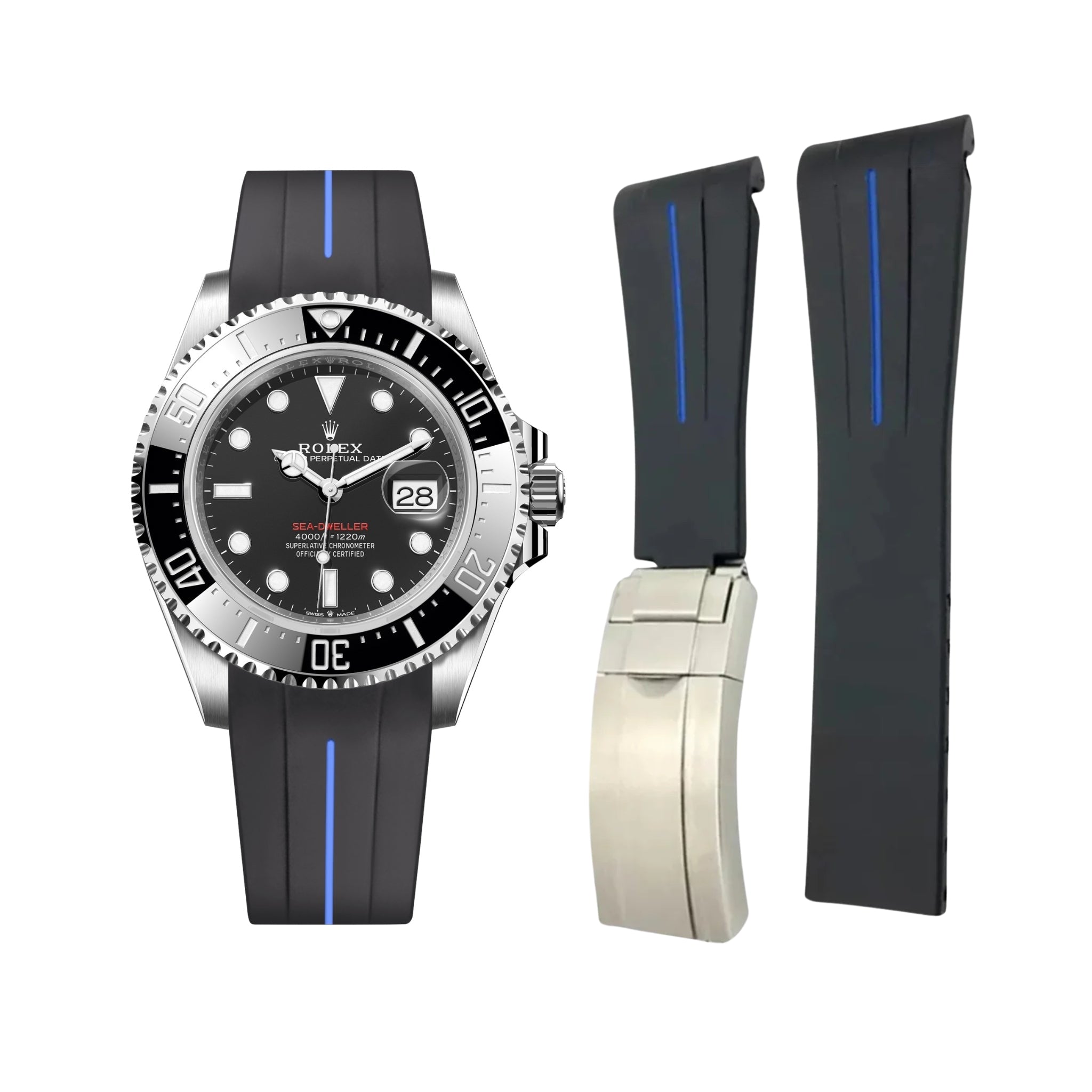 Kautschukarmband für Rolex Sea - Dweller – Schwarz/Blau Linie | LuxLine® - Helvetus DE
