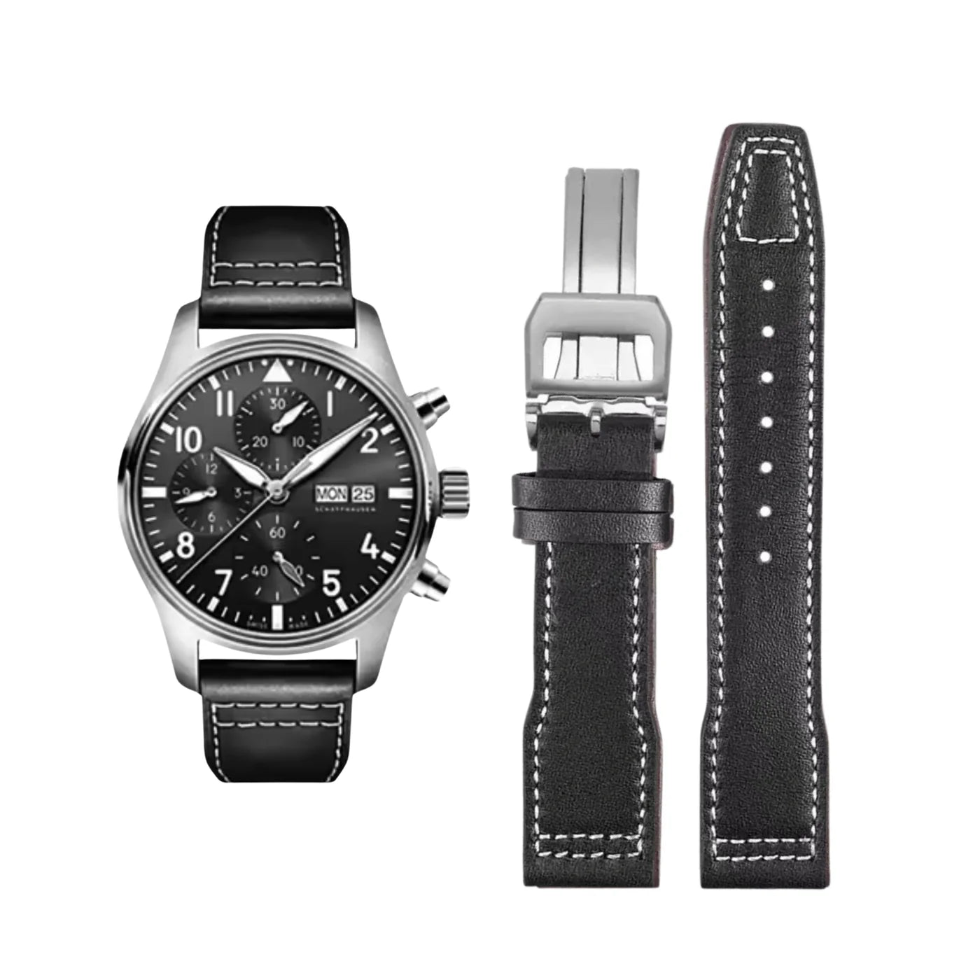 Leder Armband - für IWC Pilot - Schwarz - Ohne Nieten - Helvetus DE