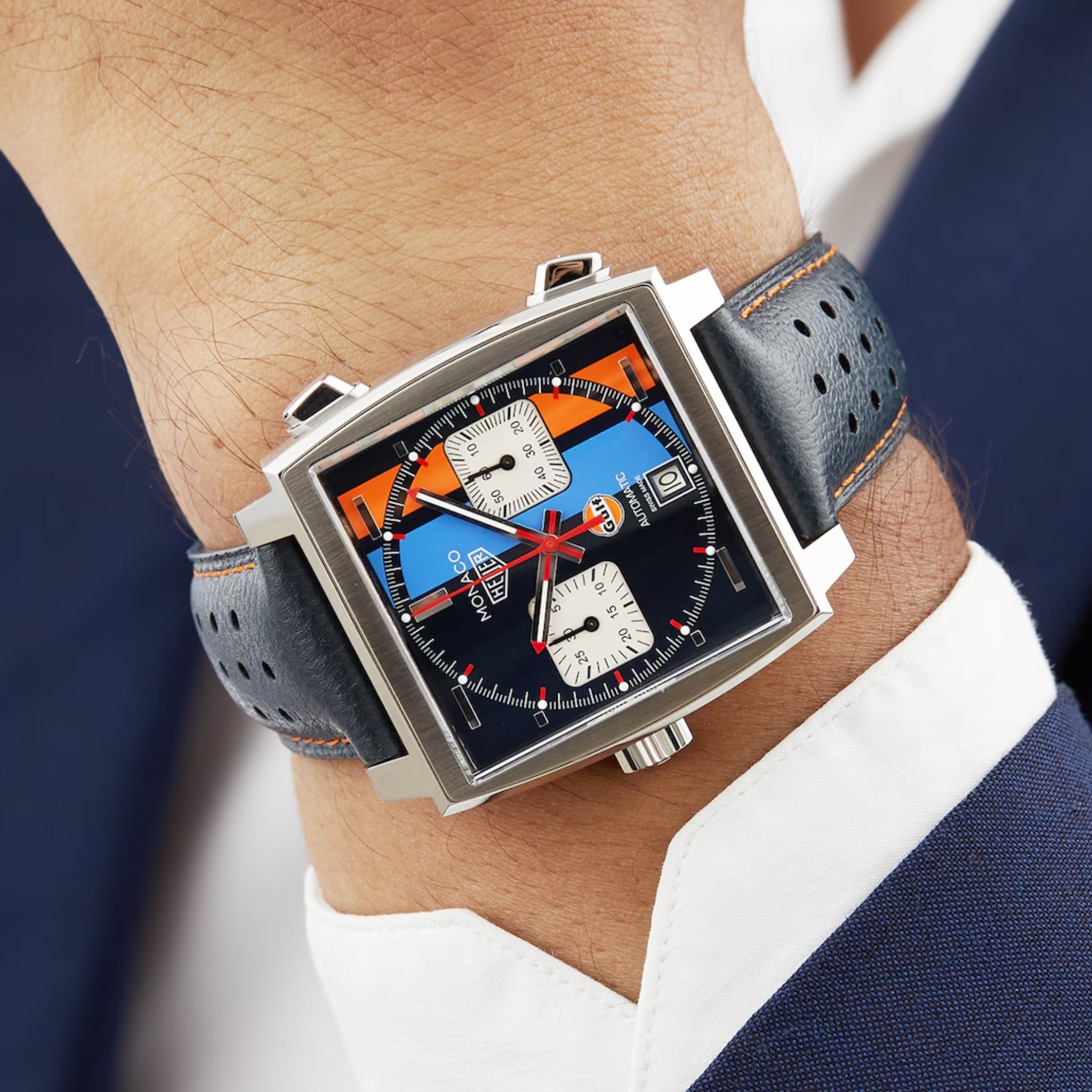 Lederarmband – Für Tag Heuer Monaco – Blau/Orange - Helvetus DE