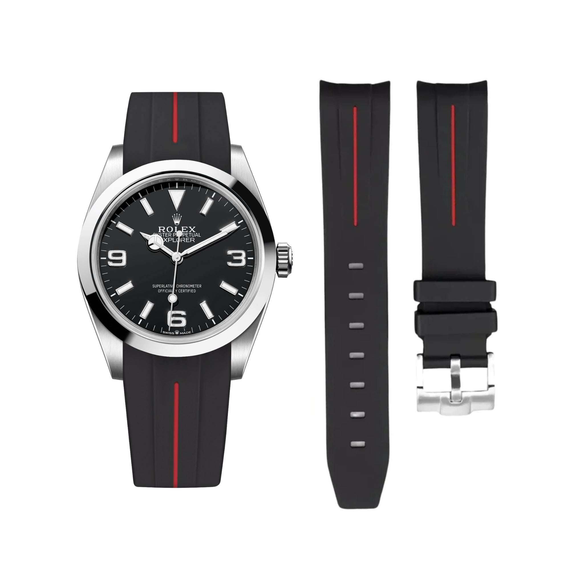 Rubber Strap - For Rolex Explorer I - Black w/Red Line | LuxLine® - Helvetus DE