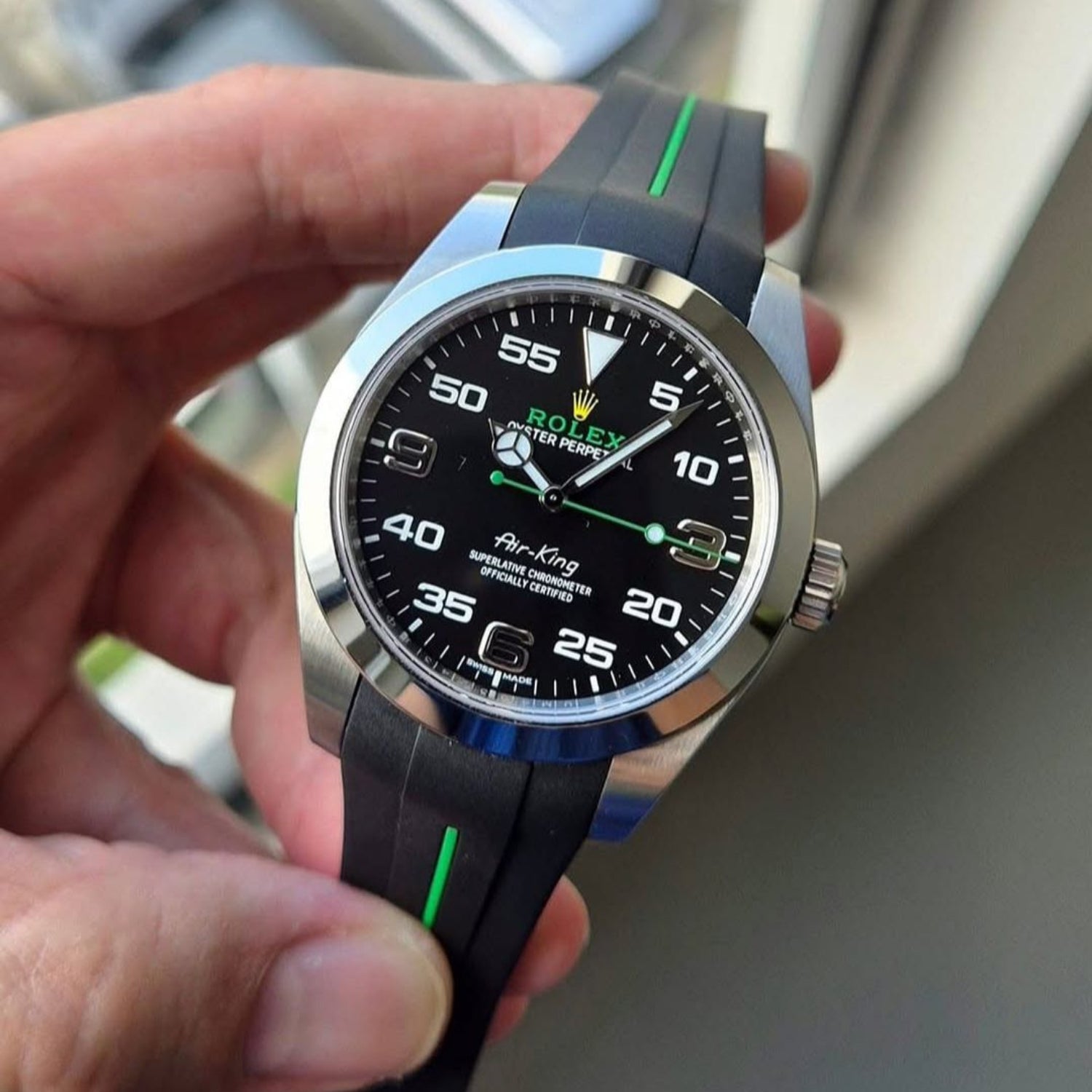 Faltschließe Kautschukarmband für Rolex Air - King 126900/116900 – Schwarz/Grün | LuxLine® - Helvetus DE