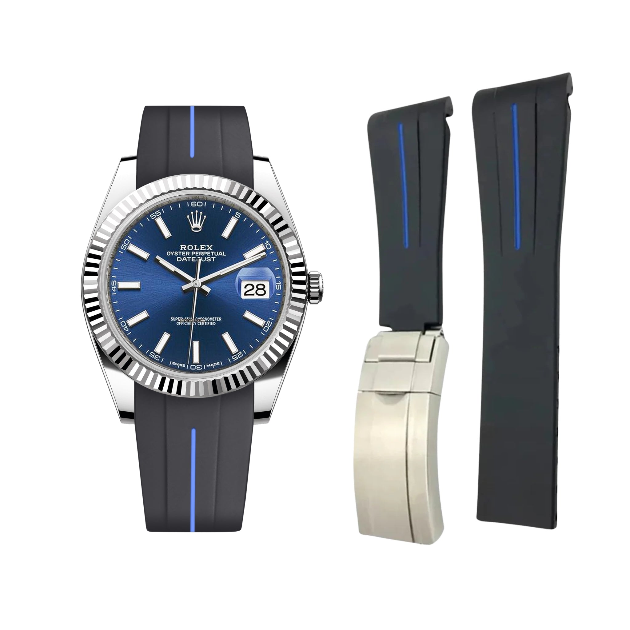 Faltschließe Kautschukarmband für Rolex Datejust 41mm – LuxLine® - Schwarz/Blau - Helvetus DE