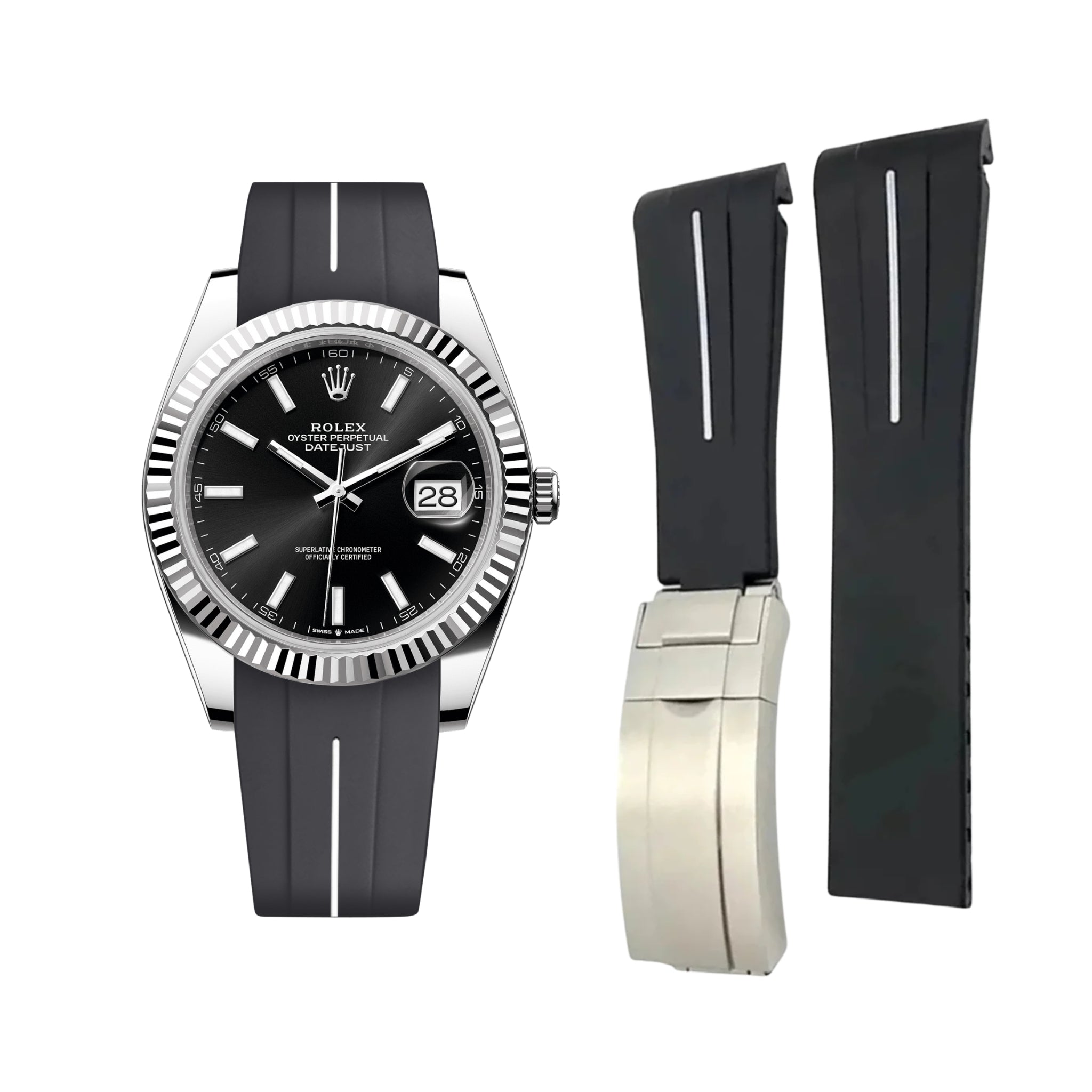 Faltschließe Kautschukarmband für Rolex Datejust 41mm – LuxLine® - Schwarz/Weiss - Helvetus DE