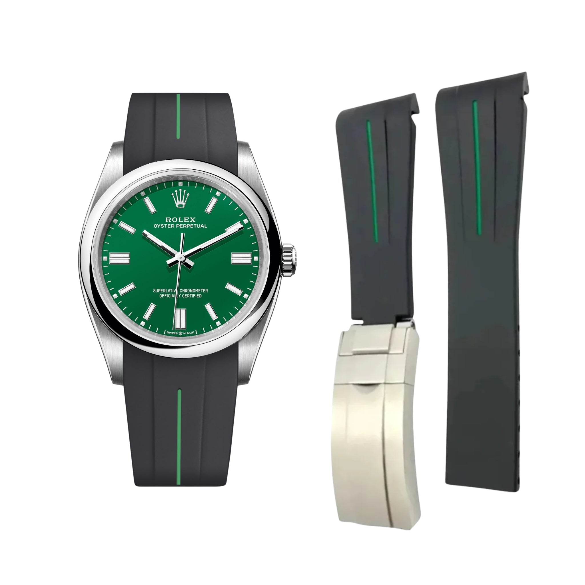 Faltschliesse Kautschukarmband für Rolex Oyster Perpetual 36mm – LuxLine® - Schwarz/Grün - Helvetus DE