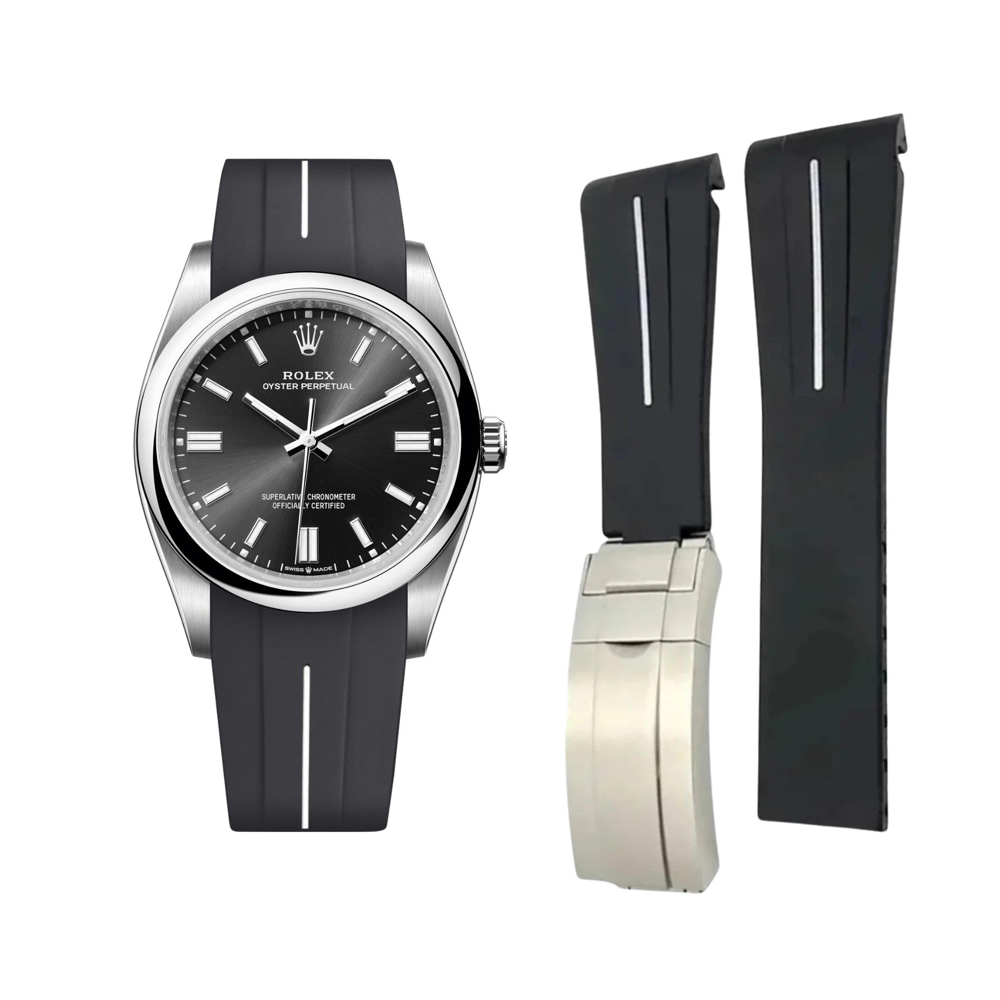 Faltschliesse Kautschukarmband für Rolex Oyster Perpetual 36mm – LuxLine® - Schwarz/Weiss - Helvetus DE