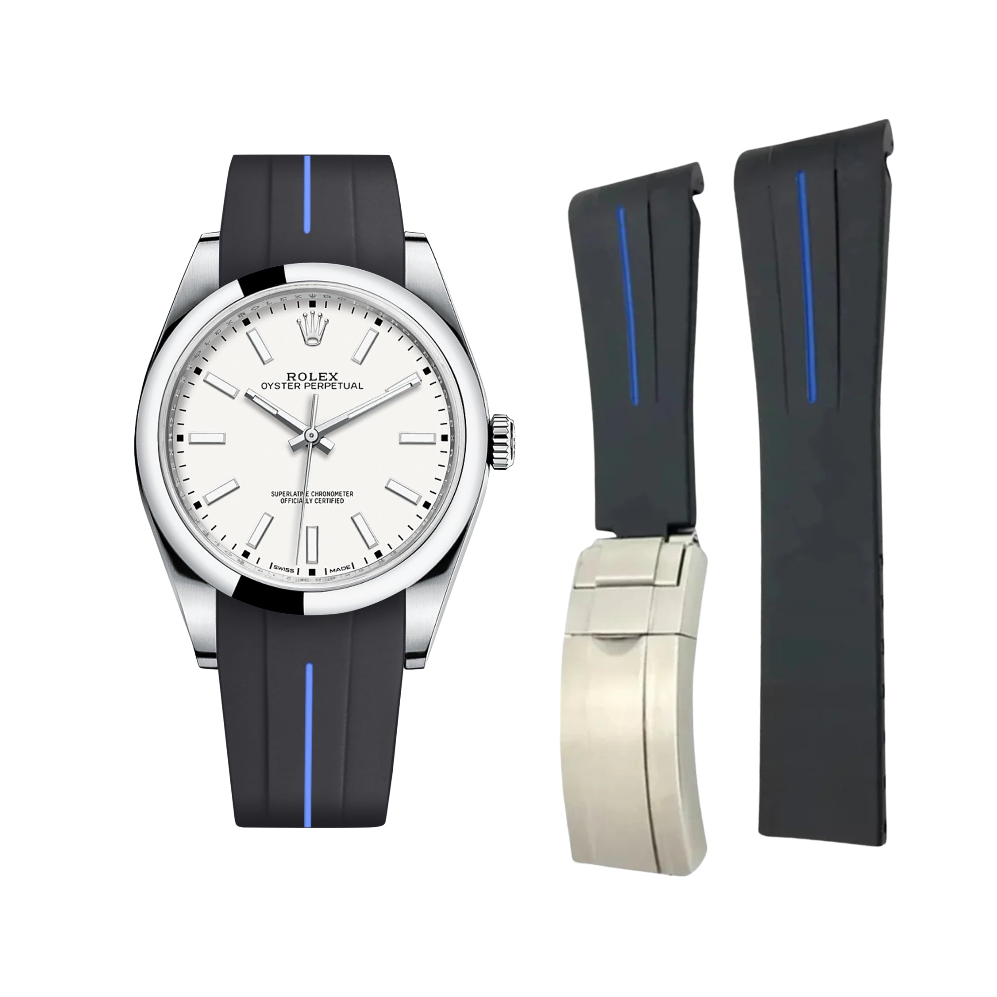 Faltschliesse Kautschukarmband für Rolex Oyster Perpetual 39mm – LuxLine® - Schwarz/Blau - Helvetus DE