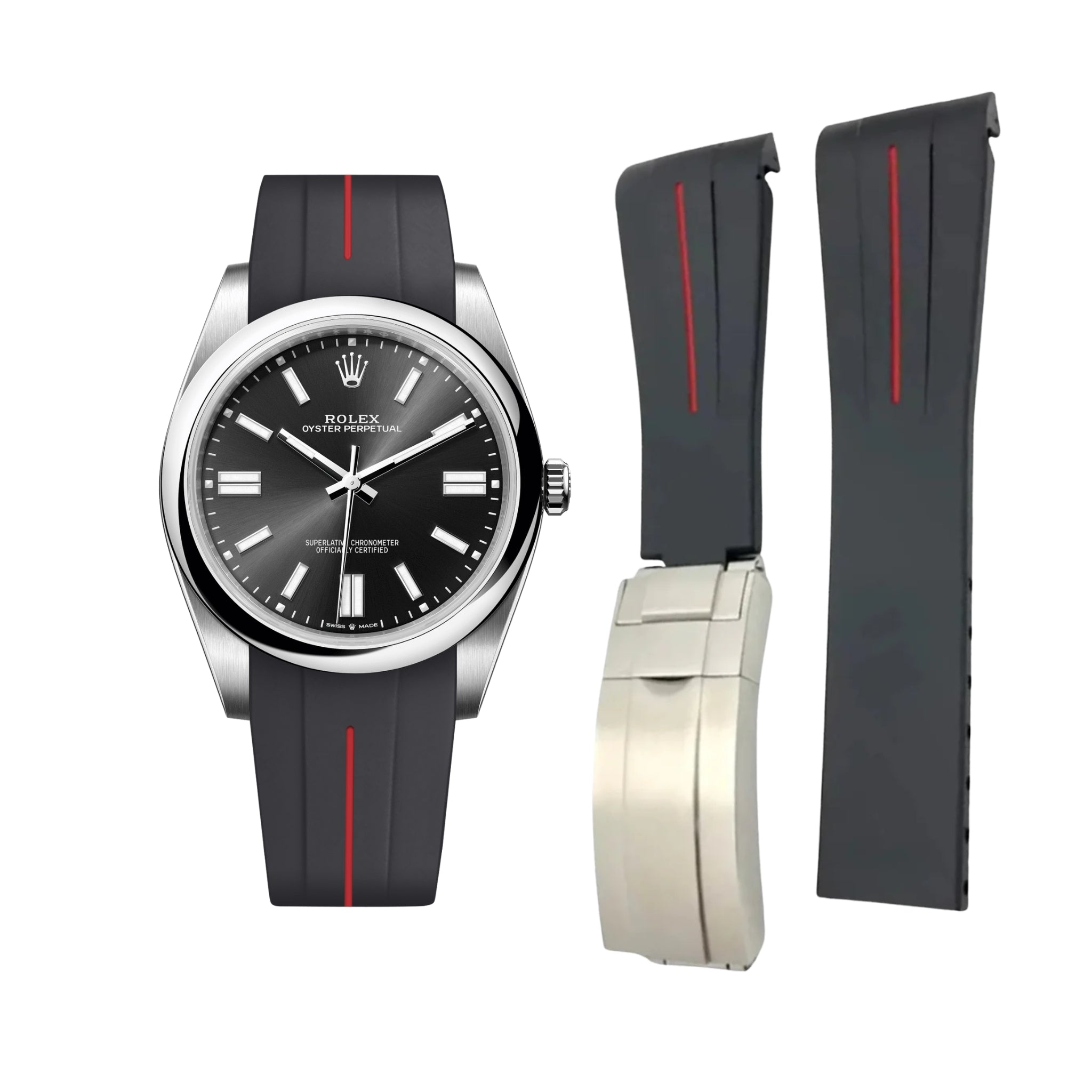 Faltschliesse Kautschukarmband für Rolex Oyster Perpetual 41 – LuxLine® - Schwarz/Rot - Helvetus DE