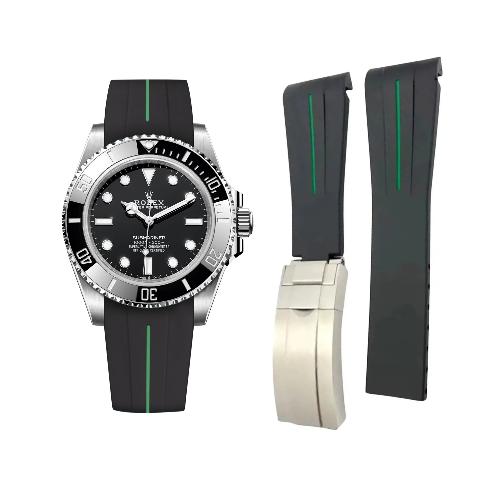 Faltschliesse Kautschukarmband für Rolex Submariner – Luxline® - Schwarz/Grün - Helvetus DE