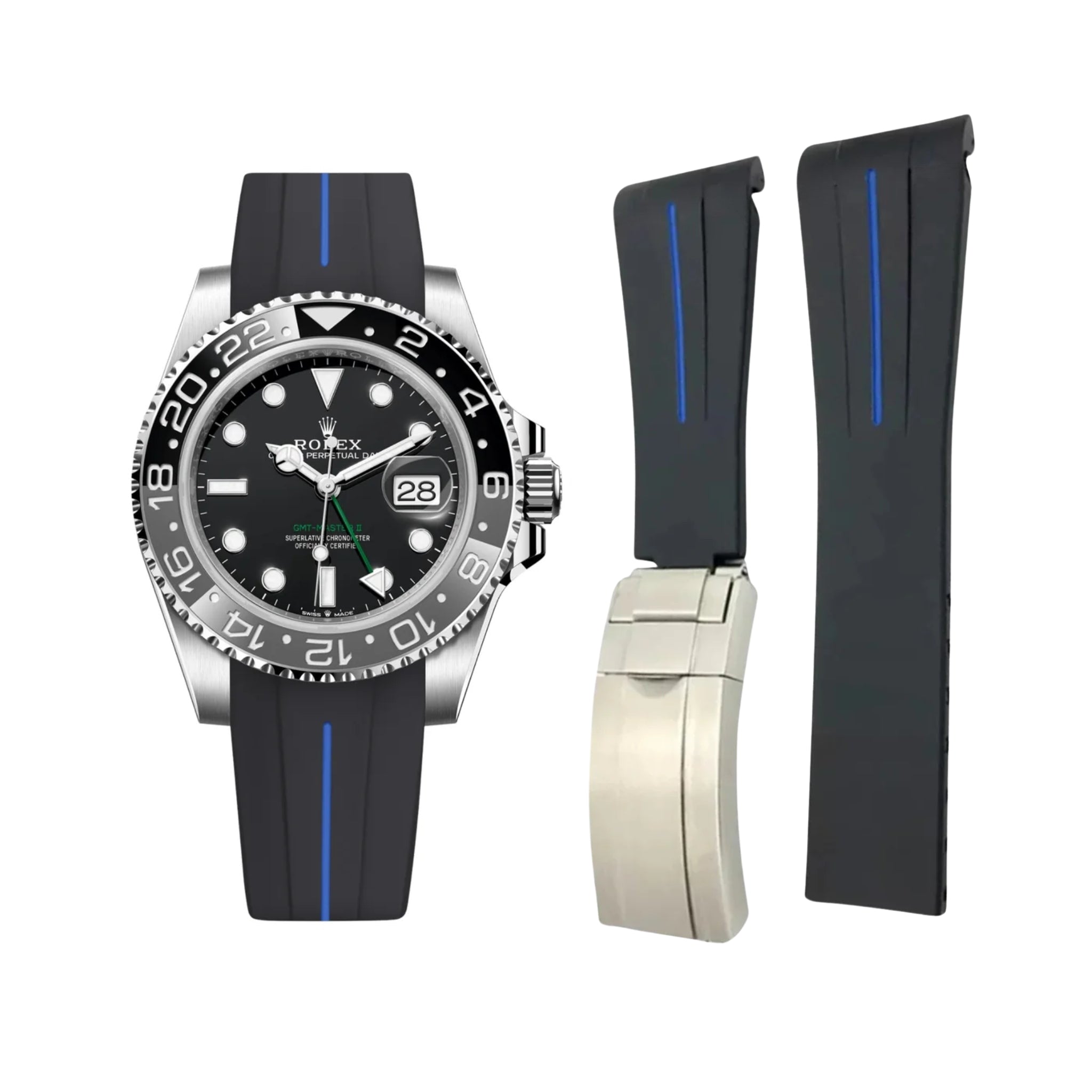 Faltschliessen Kautschukarmband für Rolex GMT - Master II in Schwarz mit Blauer Linie | LuxLine® - Helvetus DE