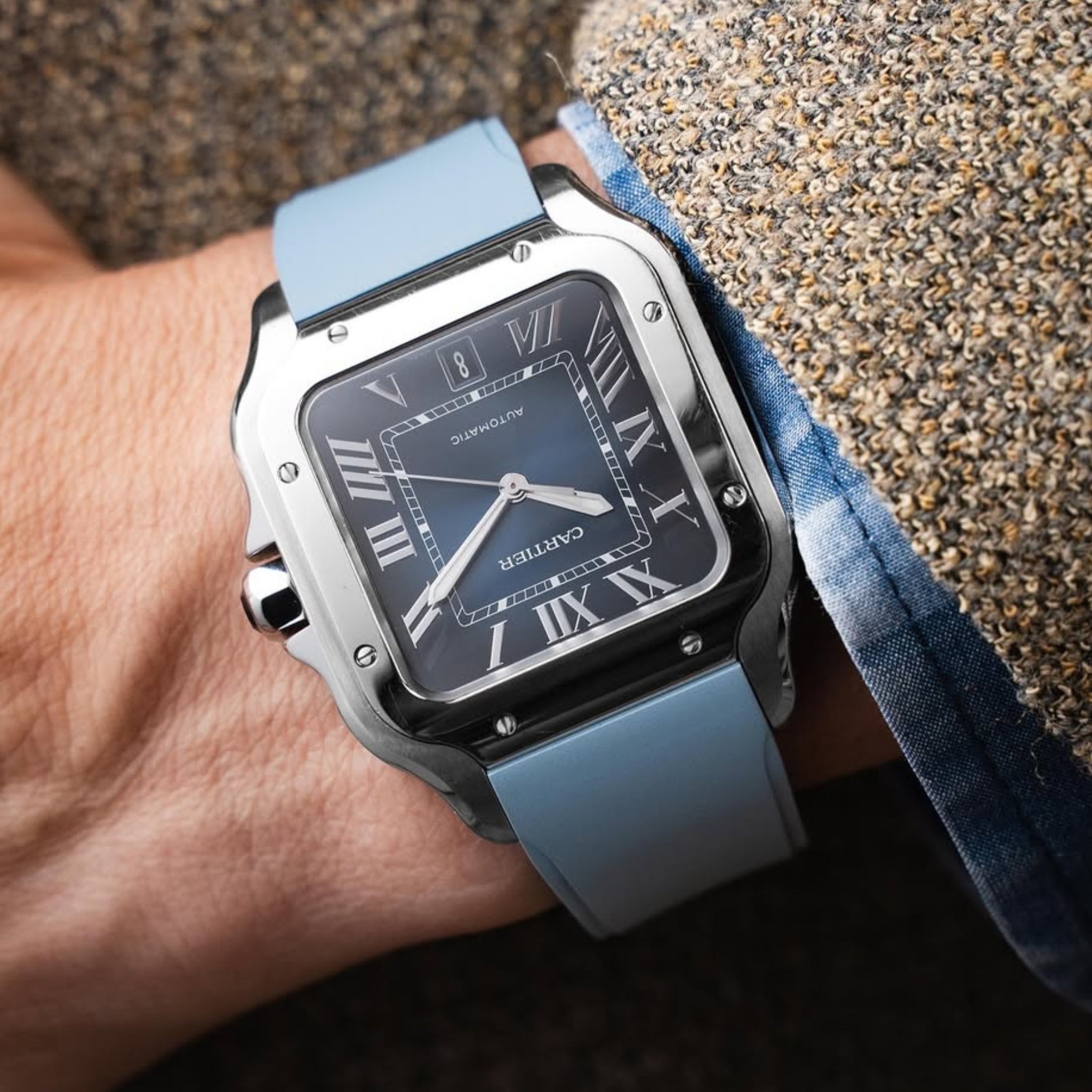 Kautschuk Armband für Santos de Cartier Medium/Large – Hell Blau – Quick Switch/Release - Helvetus DE