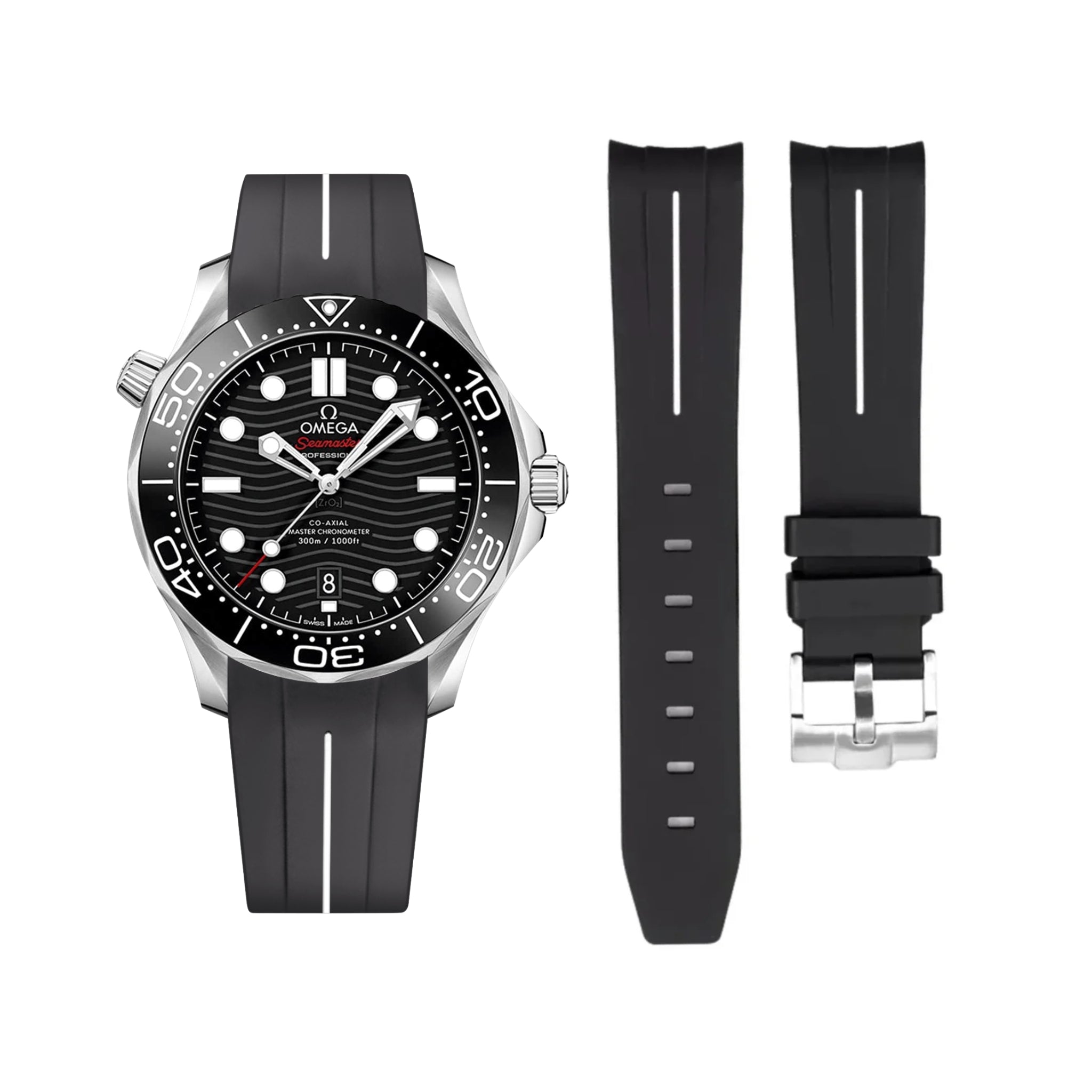 Kautschukarmband – Für Omega Seamaster 300 – LuxLine® - Schwarz/Weiss - Helvetus DE
