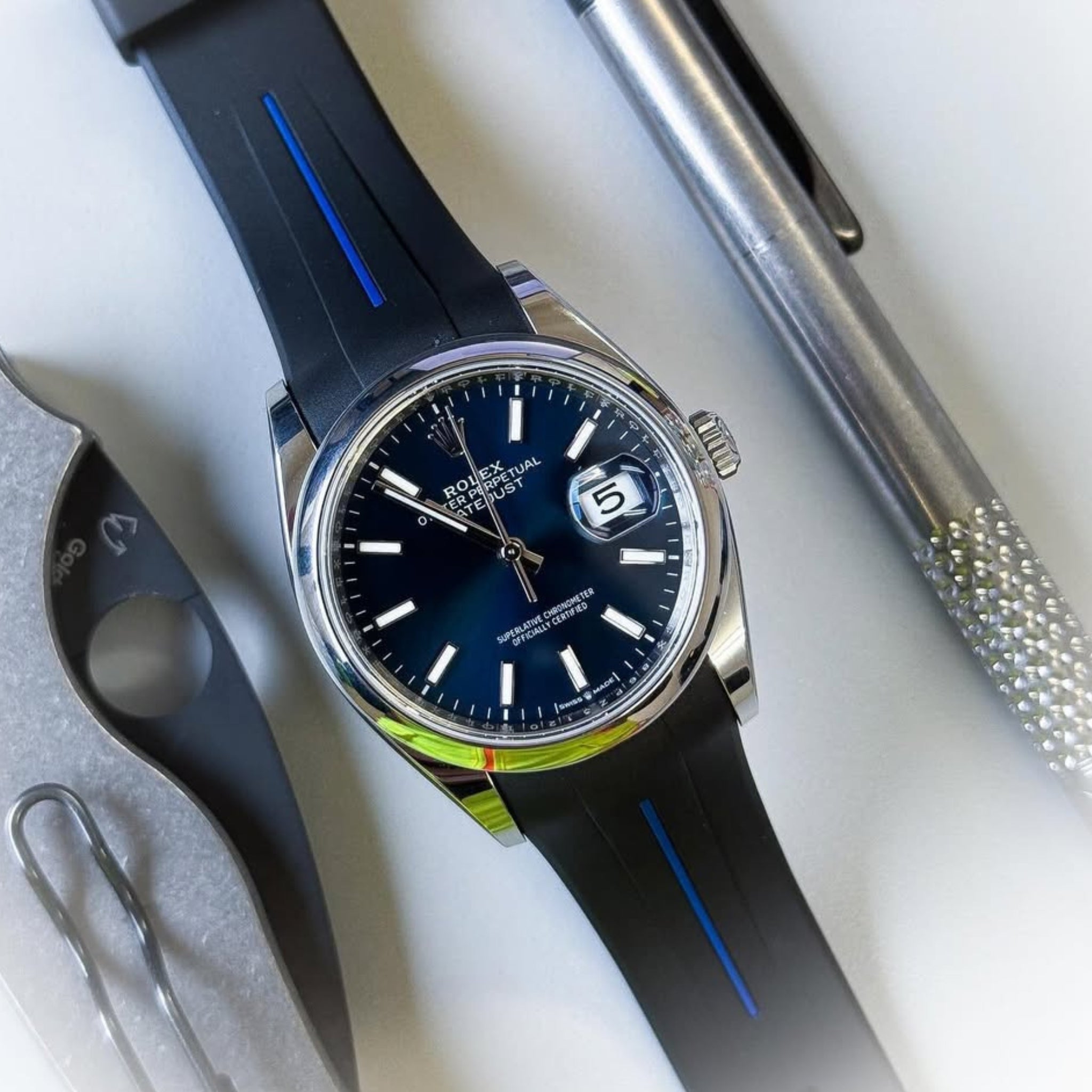 Kautschukarmband für Rolex Datejust 41mm – LuxLine® - Schwarz/Blau - Helvetus DE