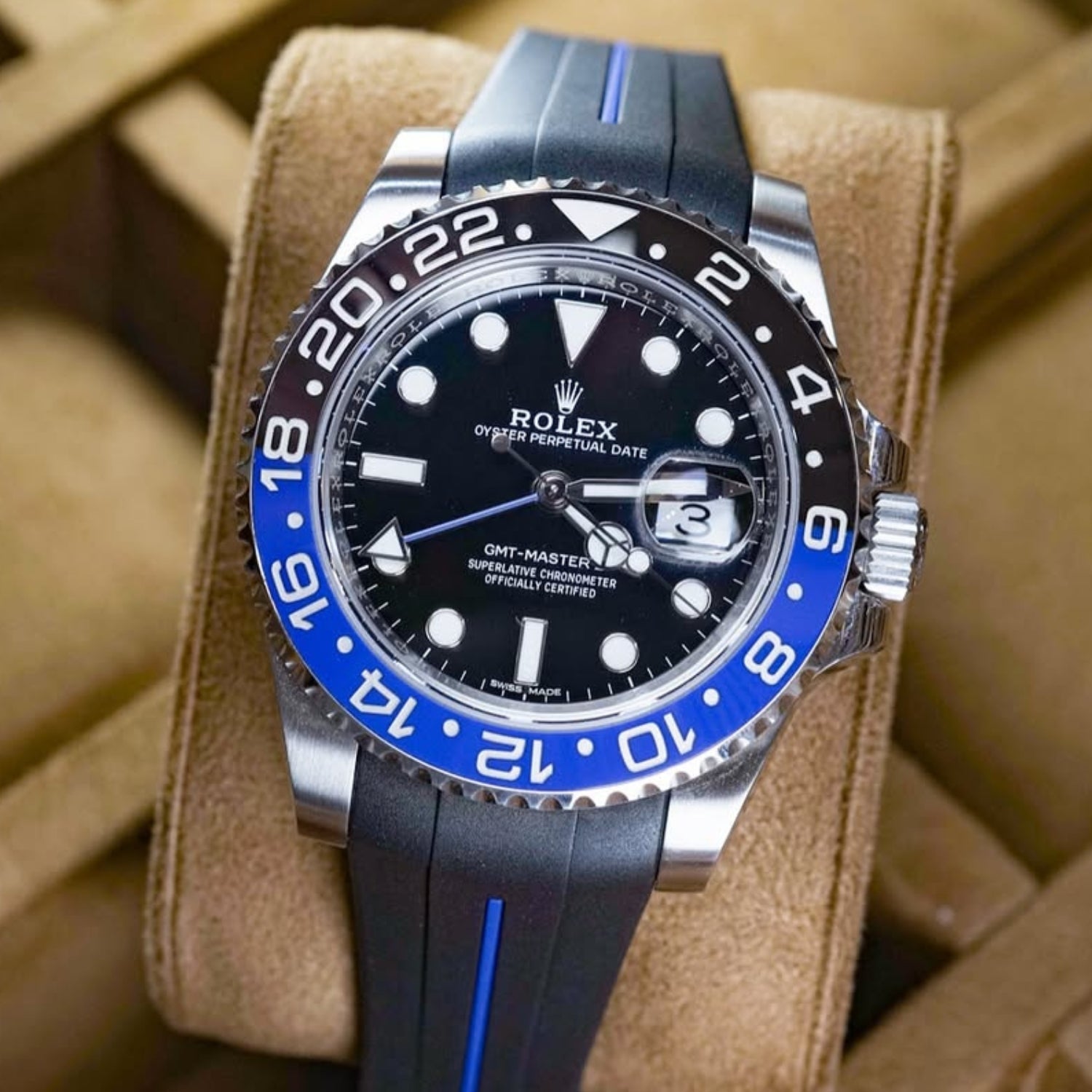 Kautschukarmband für Rolex GMT - Master II in Schwarz mit Blauer Linie | LuxLine® - Helvetus DE