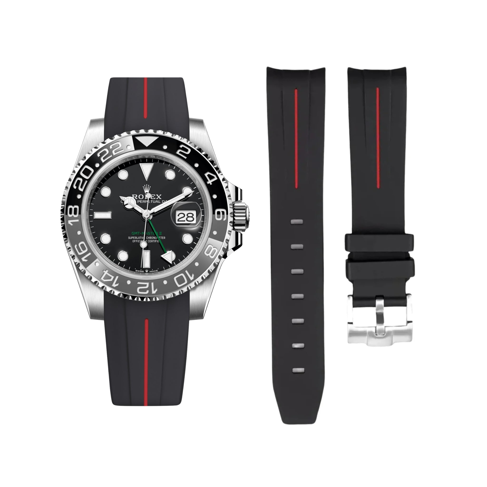 Kautschukarmband für Rolex GMT - Master II in Schwarz mit Roter Linie | LuxLine® - Helvetus DE