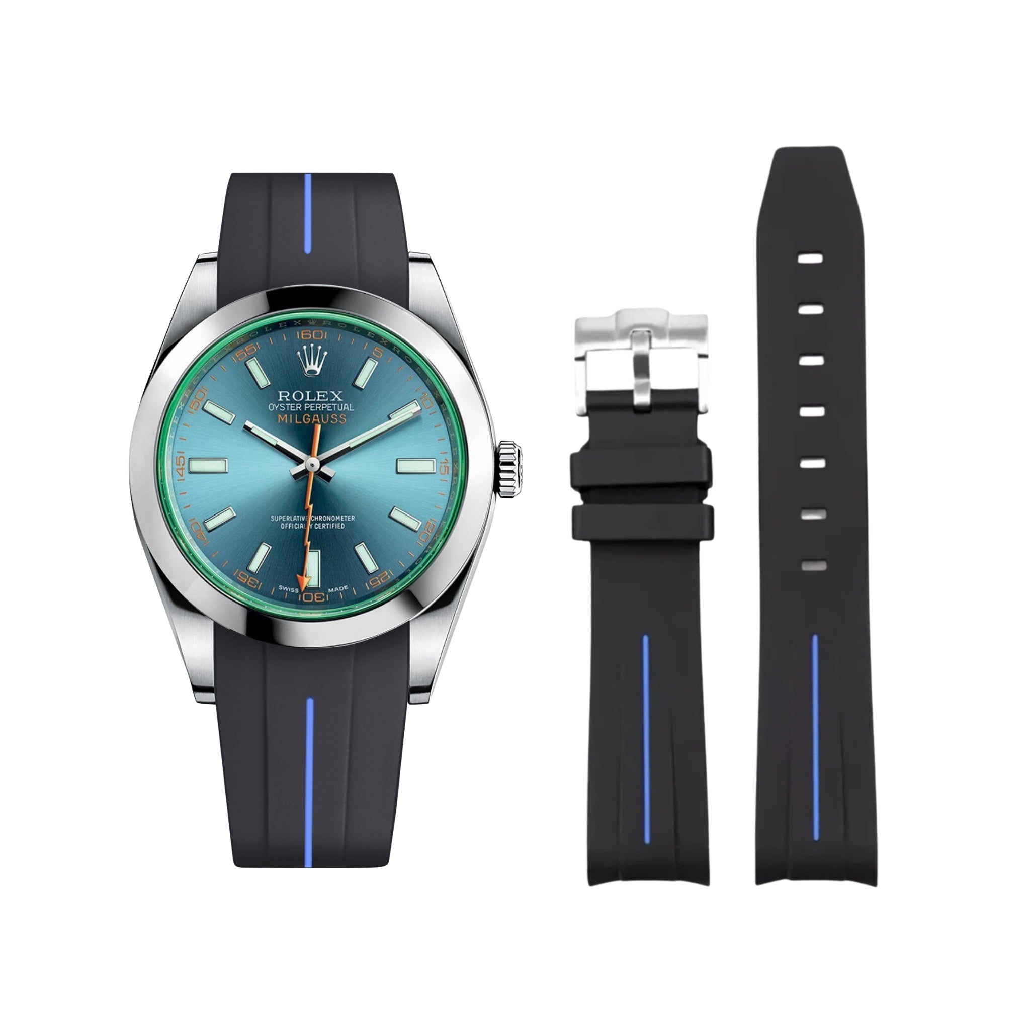 Kautschukarmband für Rolex Milgauss – LuxLine® - Schwarz/Blau - Helvetus DE