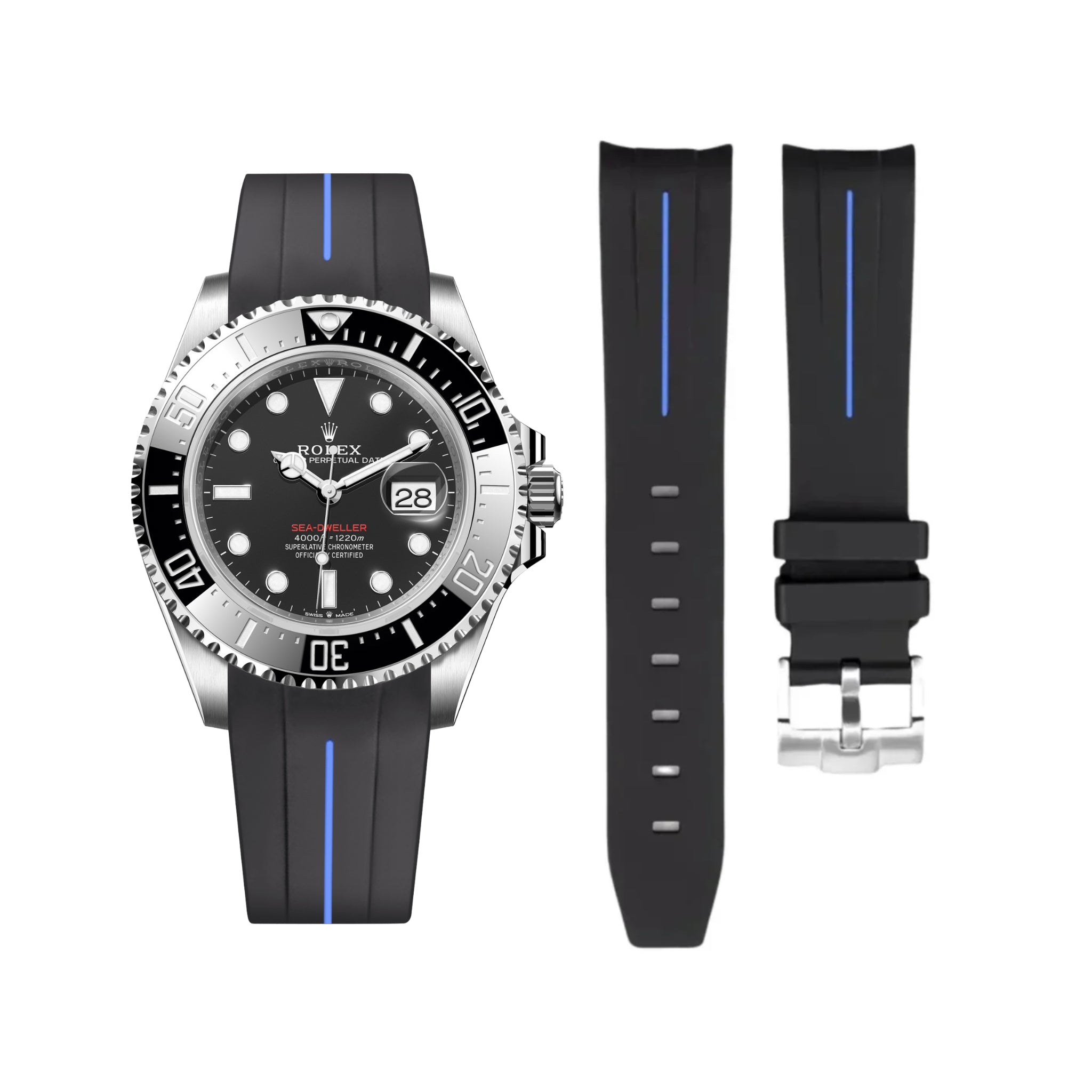 Kautschukarmband für Rolex Sea - Dweller – Schwarz/Blau Linie | LuxLine® - Helvetus DE