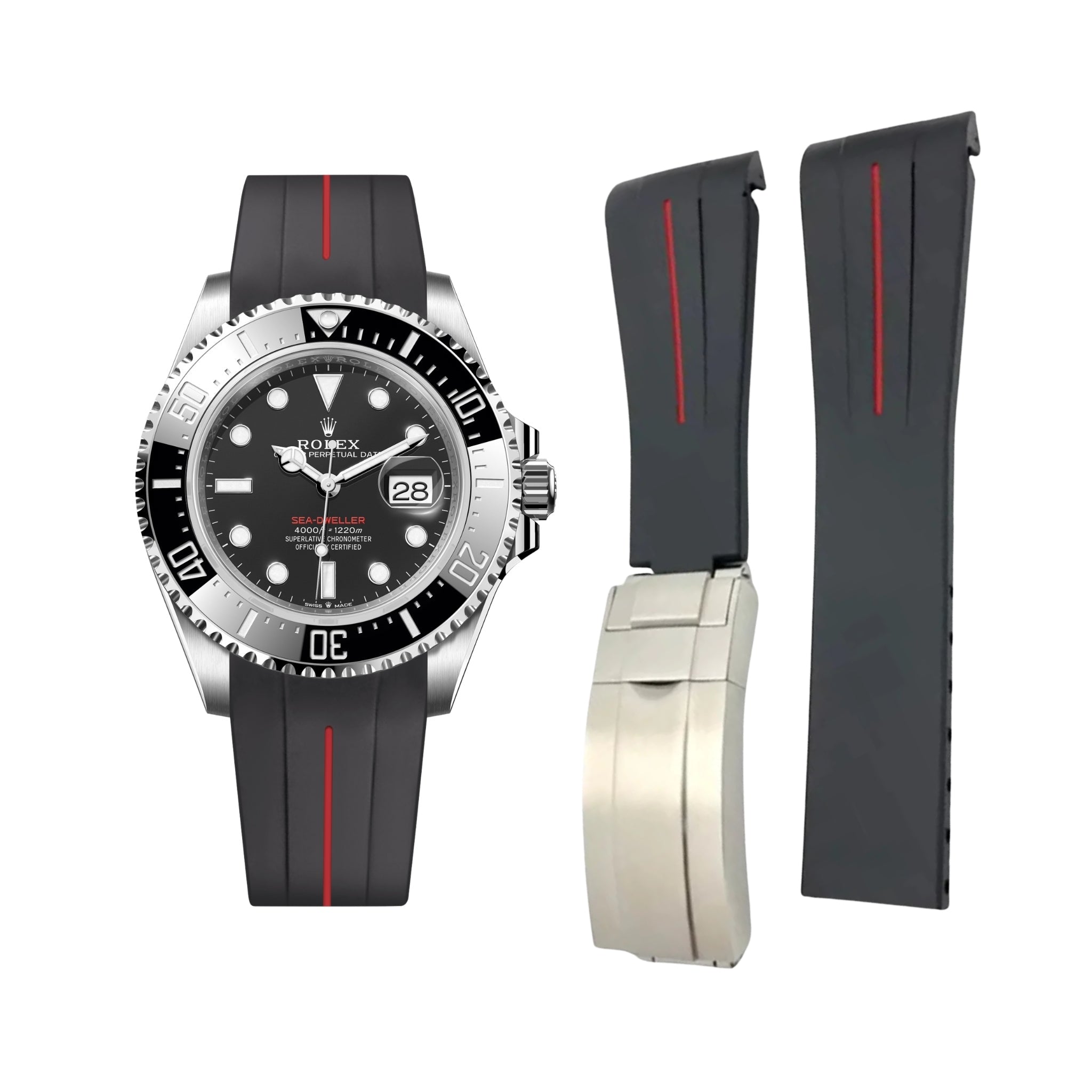 Kautschukarmband für Rolex Sea - Dweller – Schwarz/Rot Linie | LuxLine® - Helvetus DE