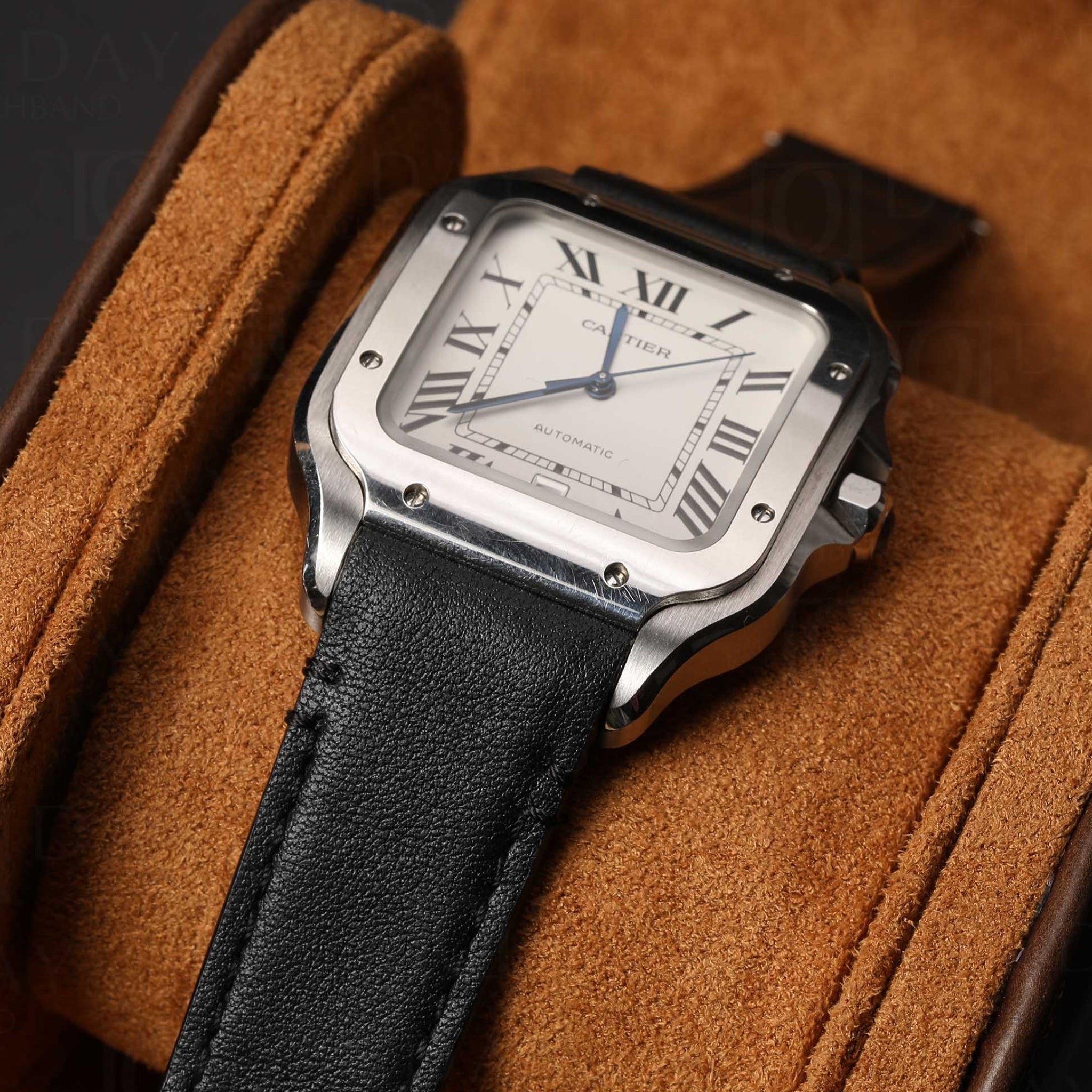 Leder Armband für Cartier Santos Medium/Large – Flach Schwarz – Quick Switch/Release - Helvetus DE