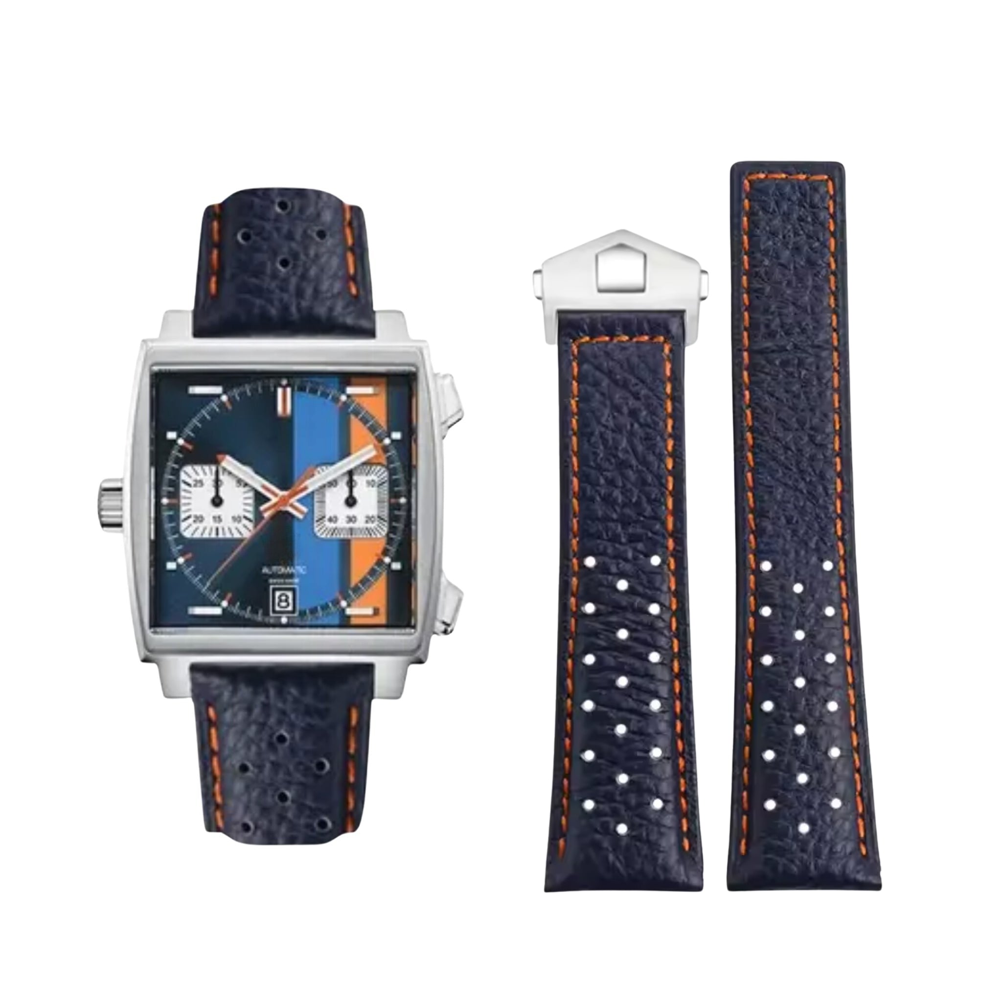 Lederarmband – Für Tag Heuer Monaco – Blau/Orange - Helvetus DE