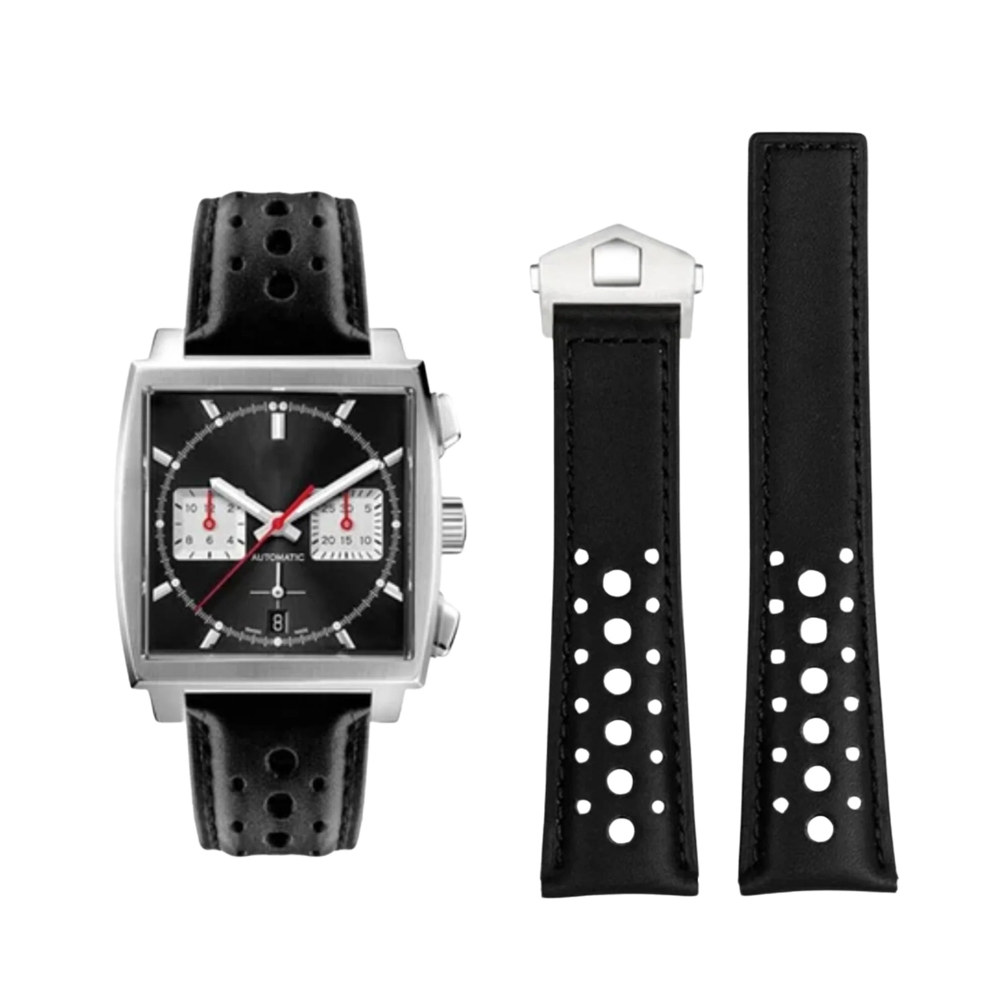 Lederarmband – Für Tag Heuer Monaco – Schwarz mit großen Löchern - Helvetus DE