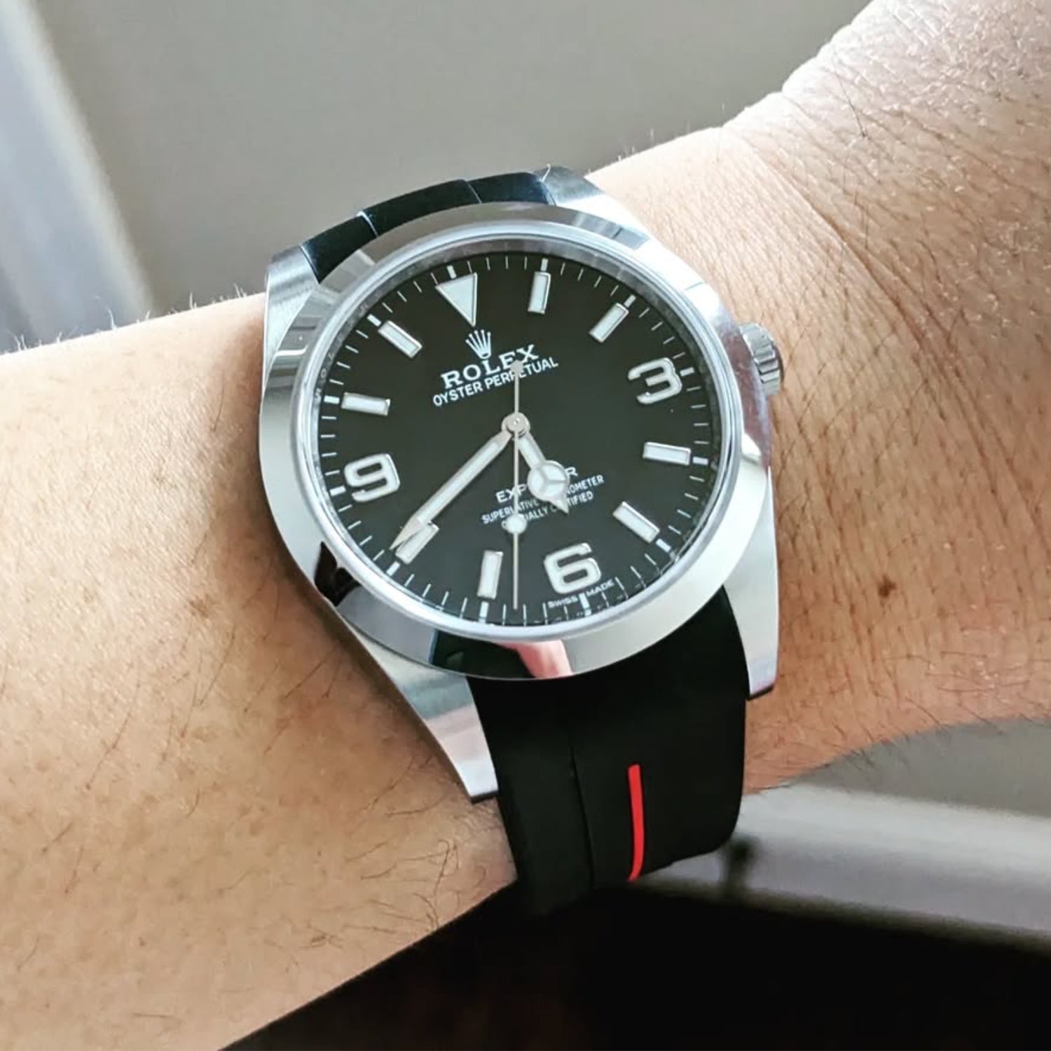 Rubber Strap - For Rolex Explorer I - Black w/Red Line | LuxLine® - Helvetus DE